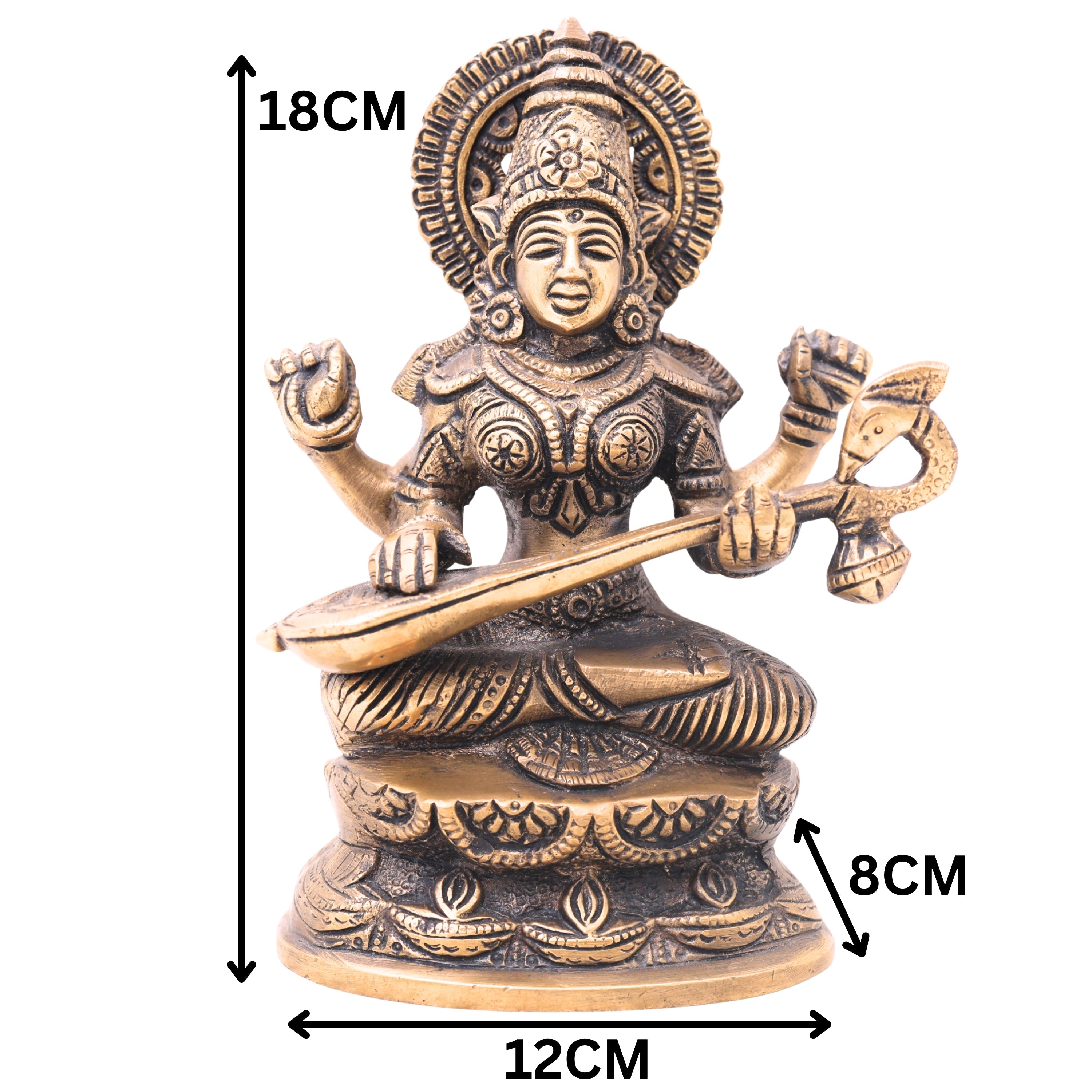 Brass Goddess Saraswati Idol, Sarasvati Murti, Vidya Devi Figurine, Saraswathi Vigraha For Puja And Home Decor,Gold, 7 Inch, 1 Piece