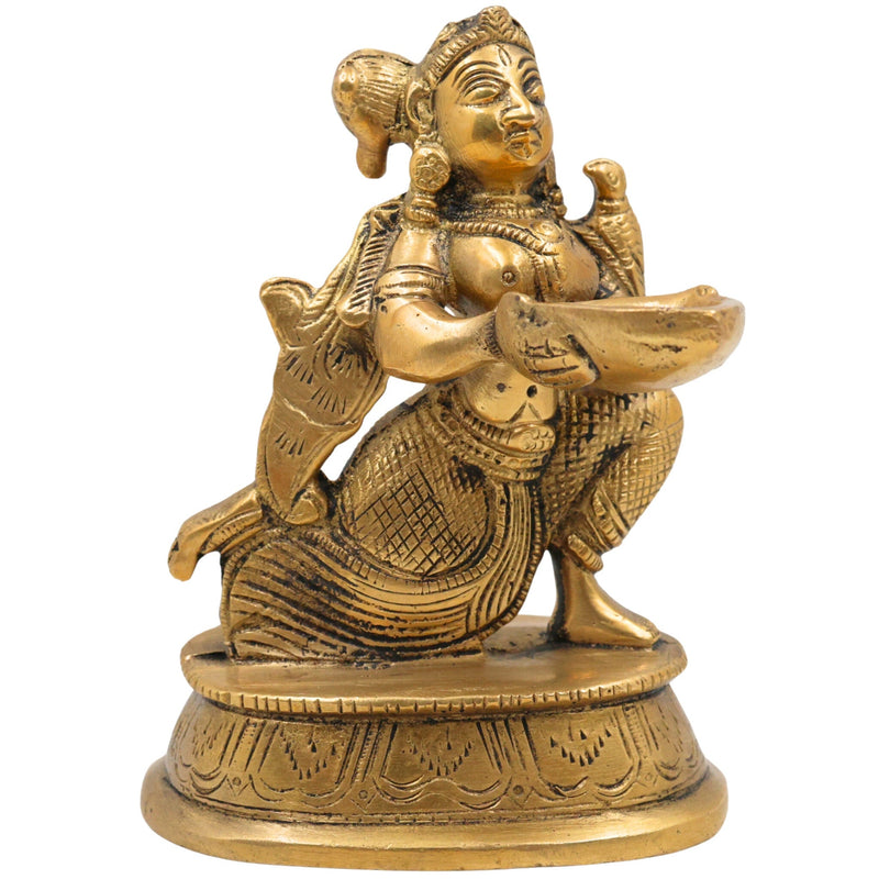 Brass Deepalakshmi Diya Lady Idol, Kuthu Vilakku Lakshmi, Pital Deepa Devi Murti, Vilakku Amma Lamp Goddess Statue for Pooja & Decor,Gold, 5 Inch, 1 Piece