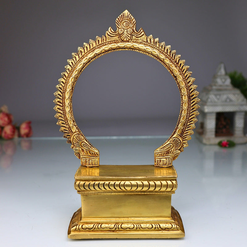 Brass Chowki with Prabhavali, Temple Singhasan Peetha for Idols, Pooja Bajot Deity Stand with Arch, Gold, 10 Inch, 1 Piece