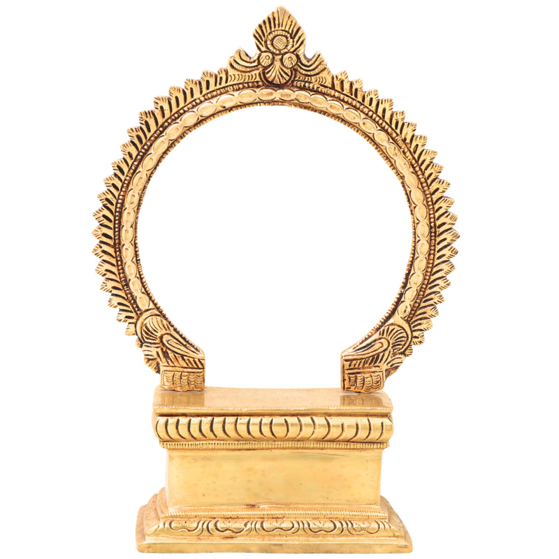 Brass Chowki with Prabhavali, Temple Singhasan Peetha for Idols, Pooja Bajot Deity Stand with Arch, Gold, 10 Inch, 1 Piece