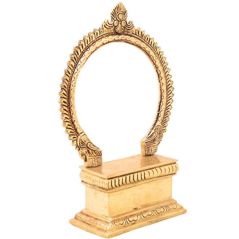 Brass Chowki with Prabhavali, Temple Singhasan Peetha for Idols, Pooja Bajot Deity Stand with Arch, Gold, 10 Inch, 1 Piece