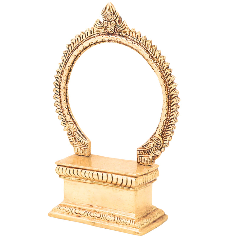 Brass Chowki with Prabhavali, Temple Singhasan Peetha for Idols, Pooja Bajot Deity Stand with Arch, Gold, 10 Inch, 1 Piece