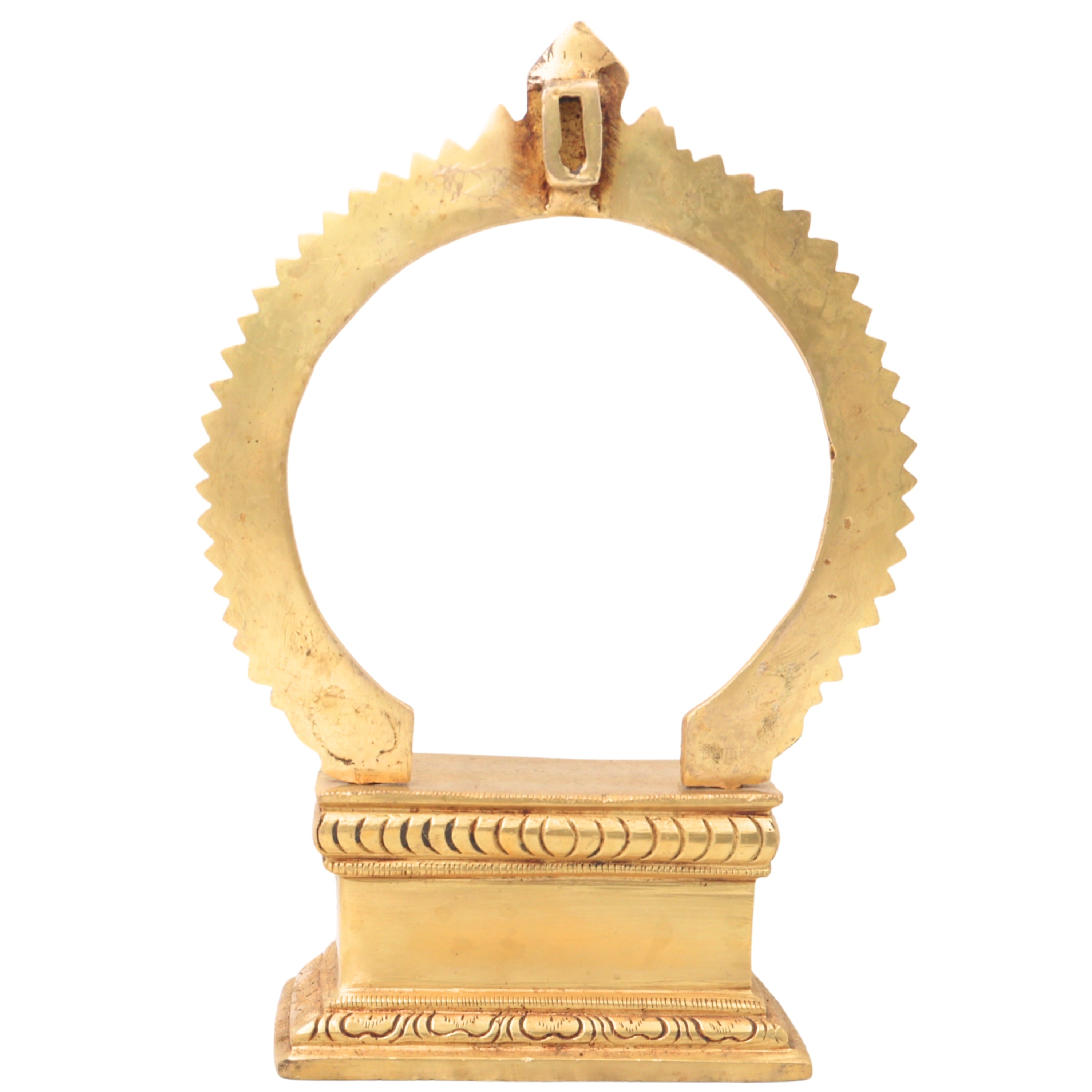 Brass Chowki with Prabhavali, Temple Singhasan Peetha for Idols, Pooja Bajot Deity Stand with Arch, Gold, 10 Inch, 1 Piece