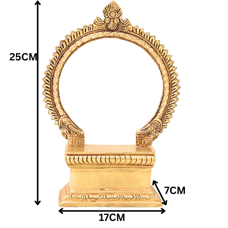 Brass Chowki with Prabhavali, Temple Singhasan Peetha for Idols, Pooja Bajot Deity Stand with Arch, Gold, 10 Inch, 1 Piece