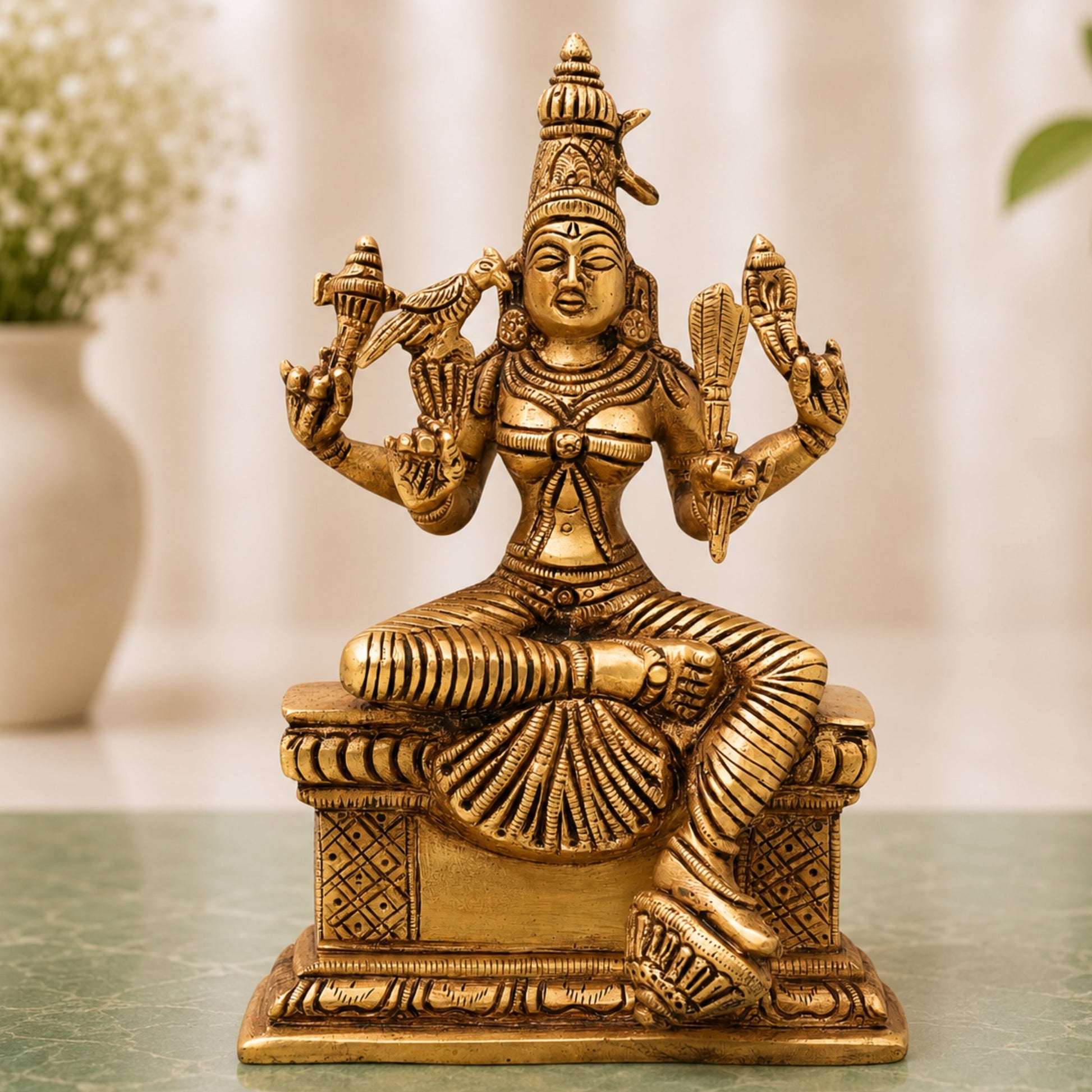 Brass Rajarajeshwari, Tripura Sundari, Lalita Devi, Kamakshi, Shodashi, Kameshwari Idol, Handcrafted Hindu Goddess Sculpture Murti Statue Vigraha for Pooja & Home Temple Decor, Gold, 8 Inch, 1 Piece