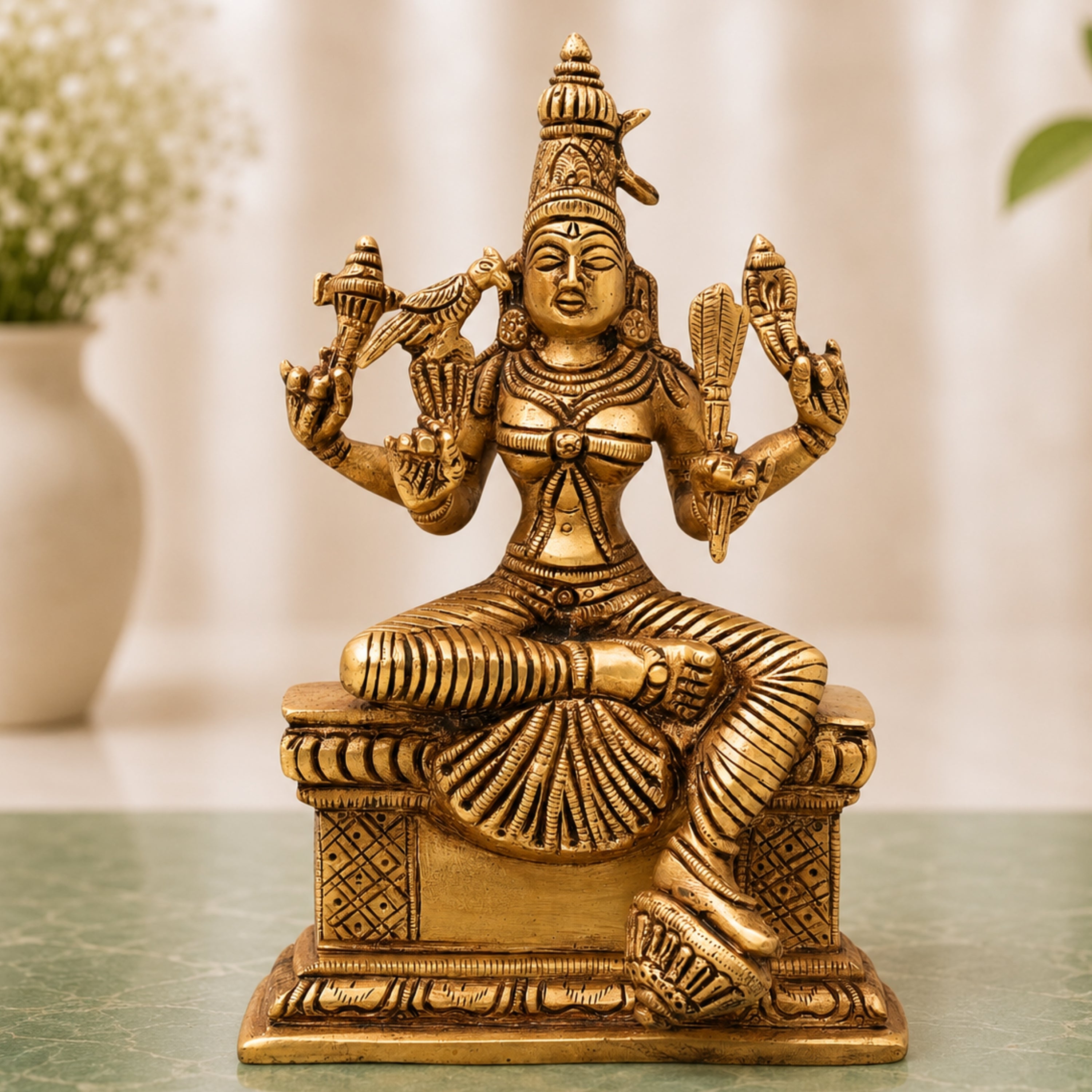 Brass Rajarajeshwari, Tripura Sundari, Lalita Devi, Kamakshi, Shodashi, Kameshwari Idol, Handcrafted Hindu Goddess Sculpture Murti Statue Vigraha for Pooja & Home Temple Decor, Gold, 8 Inch, 1 Piece