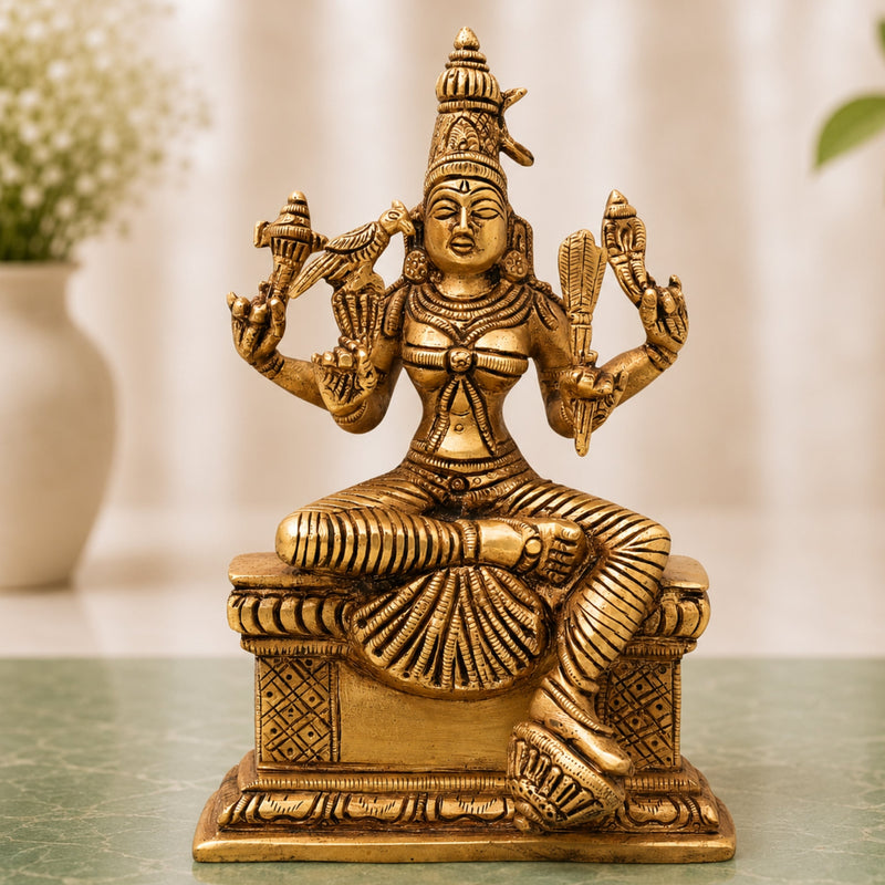 Brass Rajarajeshwari, Tripura Sundari, Lalita Devi, Kamakshi, Shodashi, Kameshwari Idol, Handcrafted Hindu Goddess Sculpture Murti Statue Vigraha for Pooja & Home Temple Decor, Gold, 8 Inch, 1 Piece
