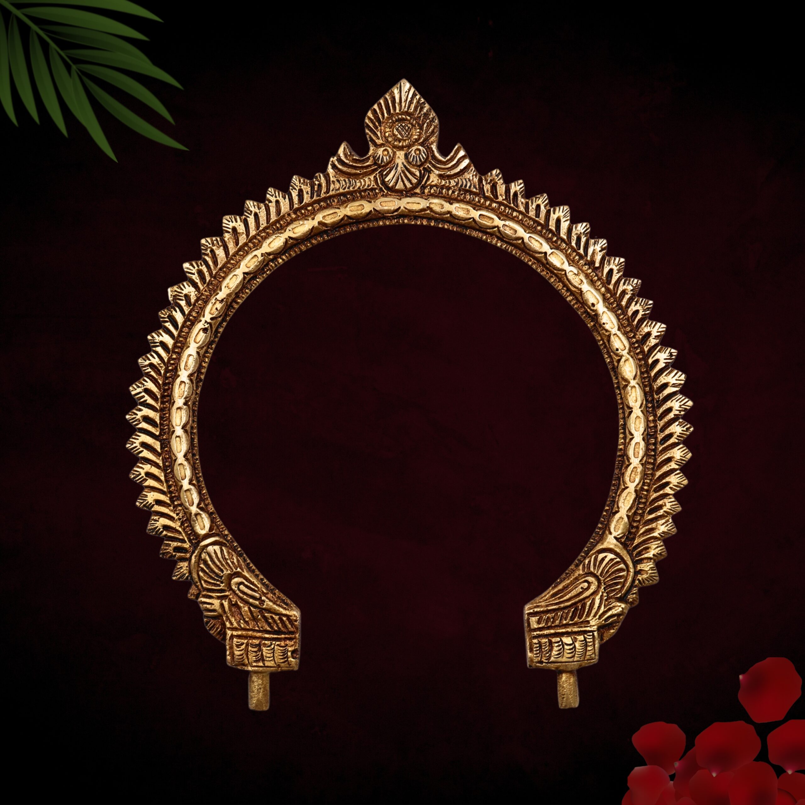 Bhunes Brass Small Prabhavali for Home Temple, Wall Hanging Arch Frame, Traditional Round Tiruvasi Makara Torana Pooja Backdrop for Idols & Decor, Gold, 8 Inch, 1 Piece