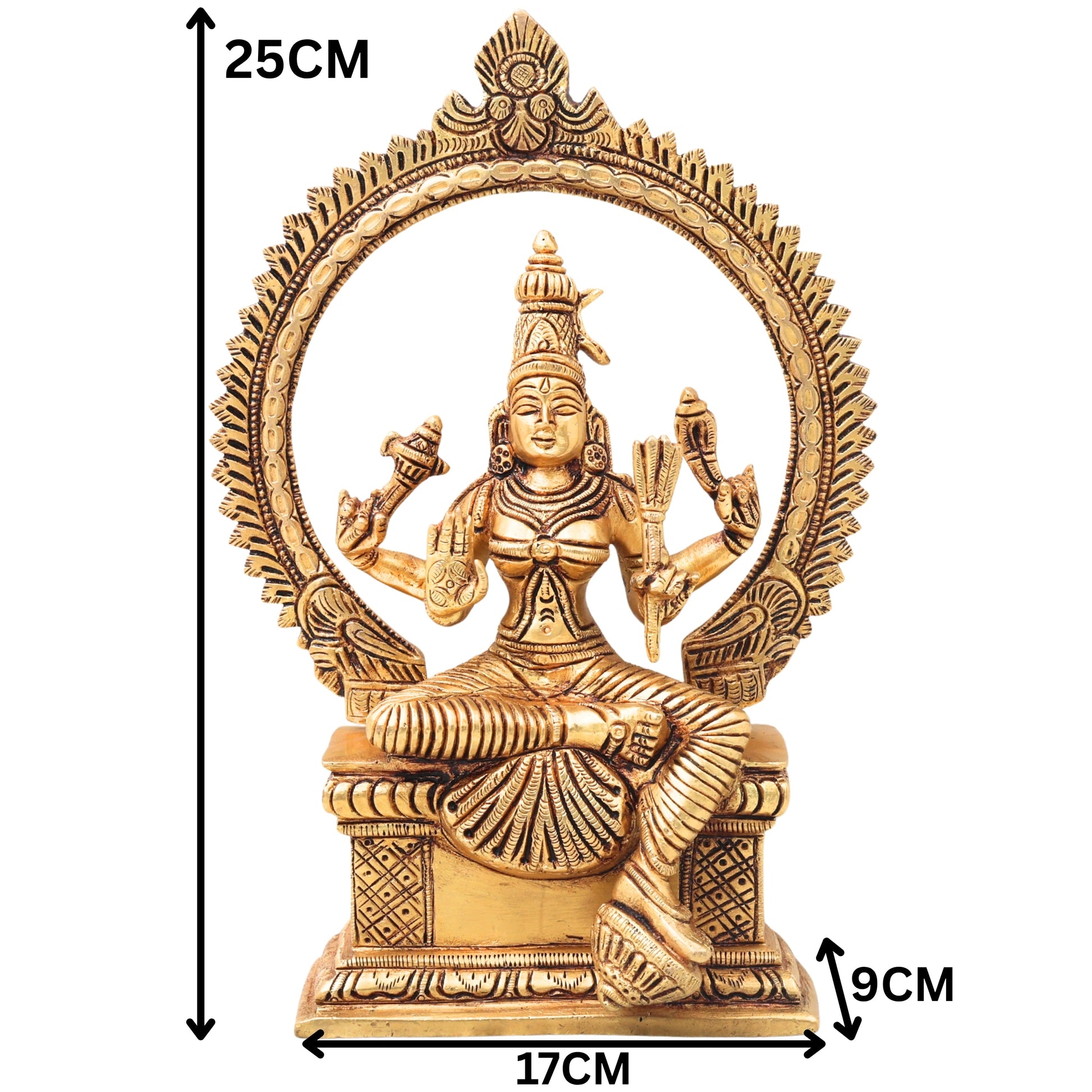 Brass Rajarajeshwari Tripura Sundari Lalita Kamakshi Shodashi Devi Idol, Handmade Mahavidya Adi Parashakti Sculpture for Home Temple Puja Decor Gift, Gold, 10 Inch, 1 Piece