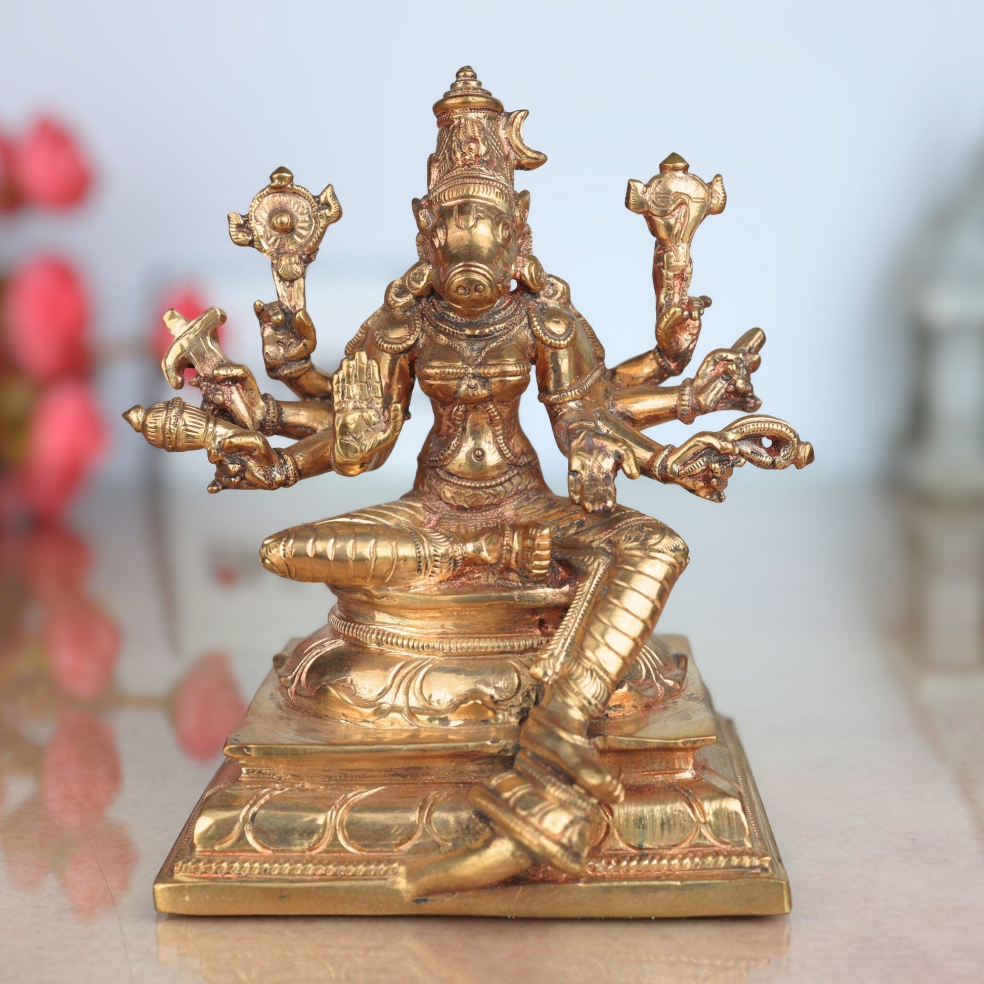 Handmade Bronze Varahi Idol | Authentic Panchaloha Varahi Murti | Traditional South Indian Goddess Sculpture,Gold, 6 Inch, 1 Piece