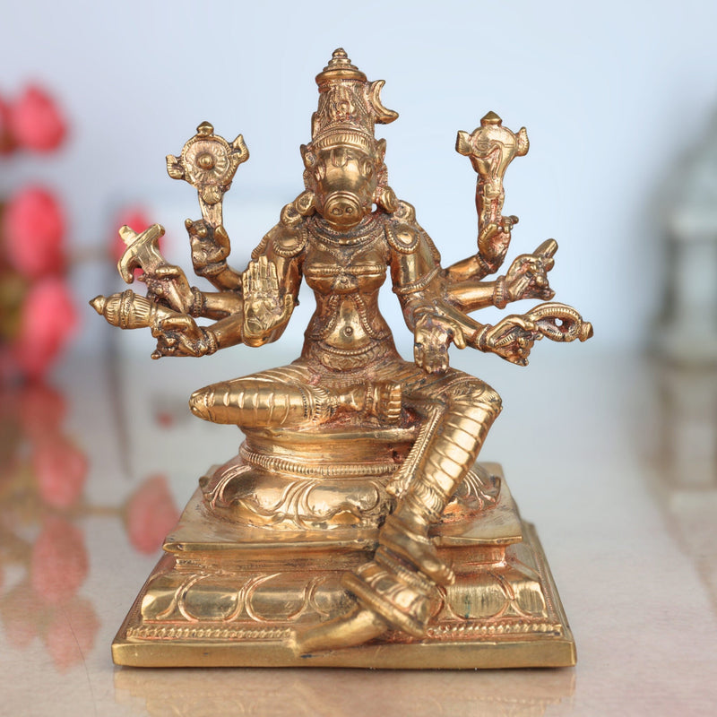 Handmade Bronze Varahi Idol | Authentic Panchaloha Varahi Murti | Traditional South Indian Goddess Sculpture,Gold, 6 Inch, 1 Piece