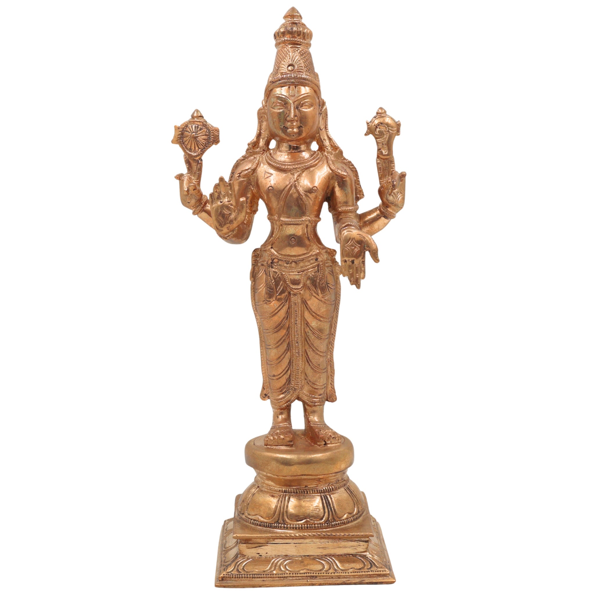 Handmade Bronze Vishnu Idol Panchaloha Statue | Narayana, Madhava, Govinda | Traditional South Indian Temple Art | 25cm Panchaloha Alloy Vishnu Murti,Gold, 10 Inch, 1 Piece