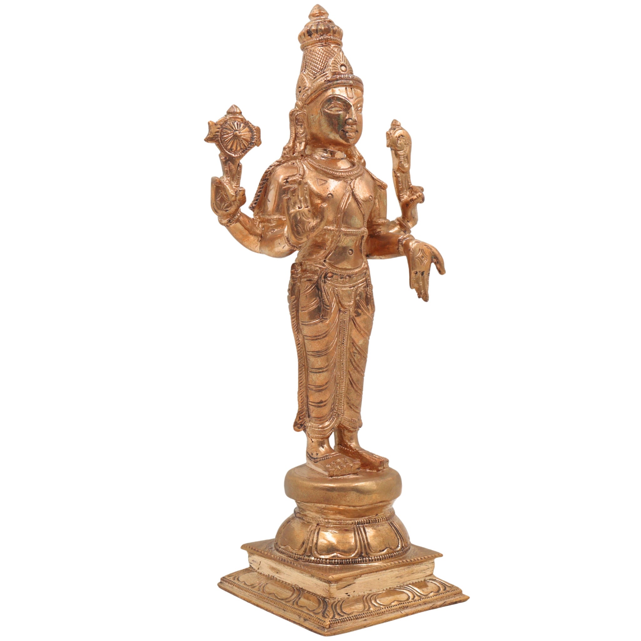 Handmade Bronze Vishnu Idol Panchaloha Statue | Narayana, Madhava, Govinda | Traditional South Indian Temple Art | 25cm Panchaloha Alloy Vishnu Murti,Gold, 10 Inch, 1 Piece