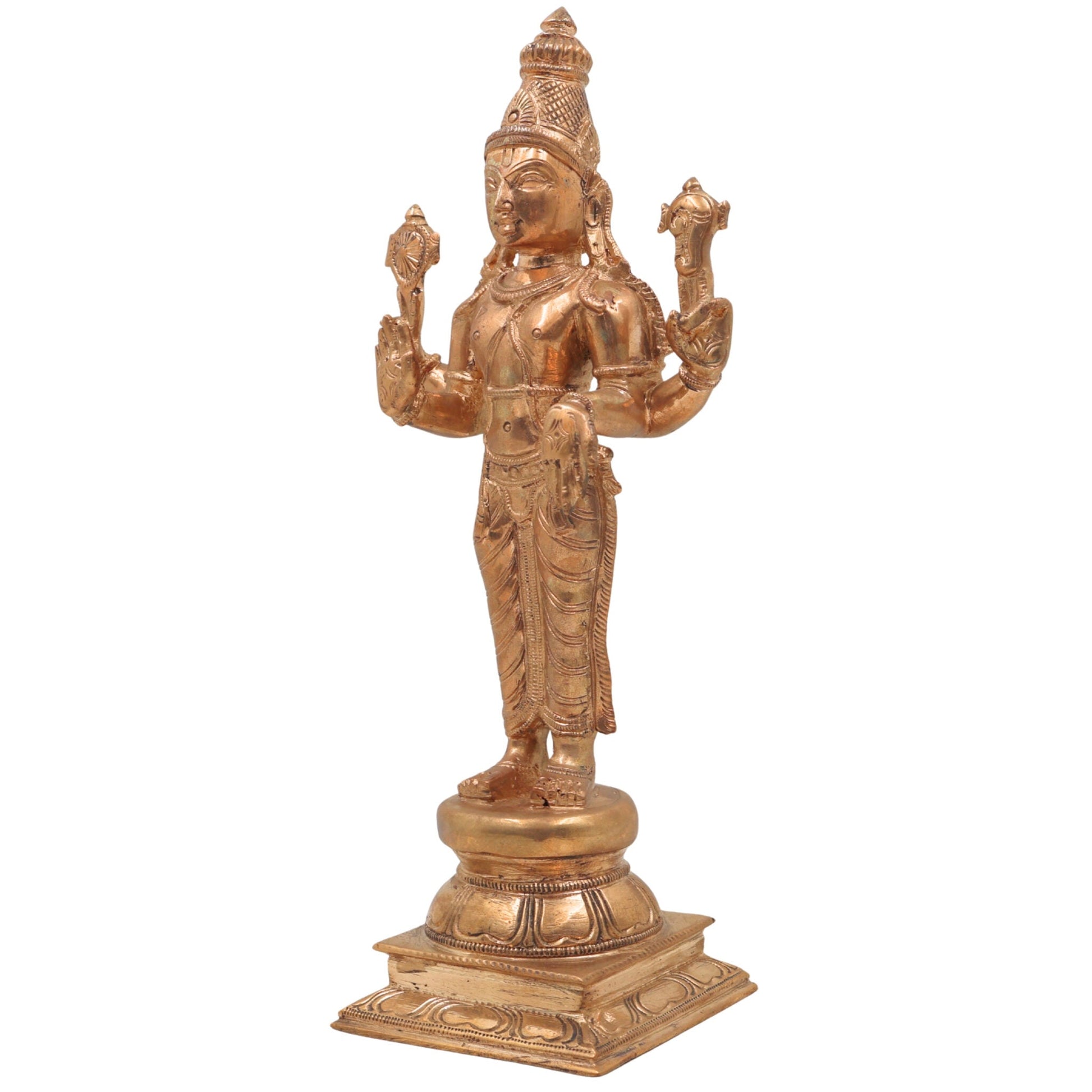 Handmade Bronze Vishnu Idol Panchaloha Statue | Narayana, Madhava, Govinda | Traditional South Indian Temple Art | 25cm Panchaloha Alloy Vishnu Murti,Gold, 10 Inch, 1 Piece