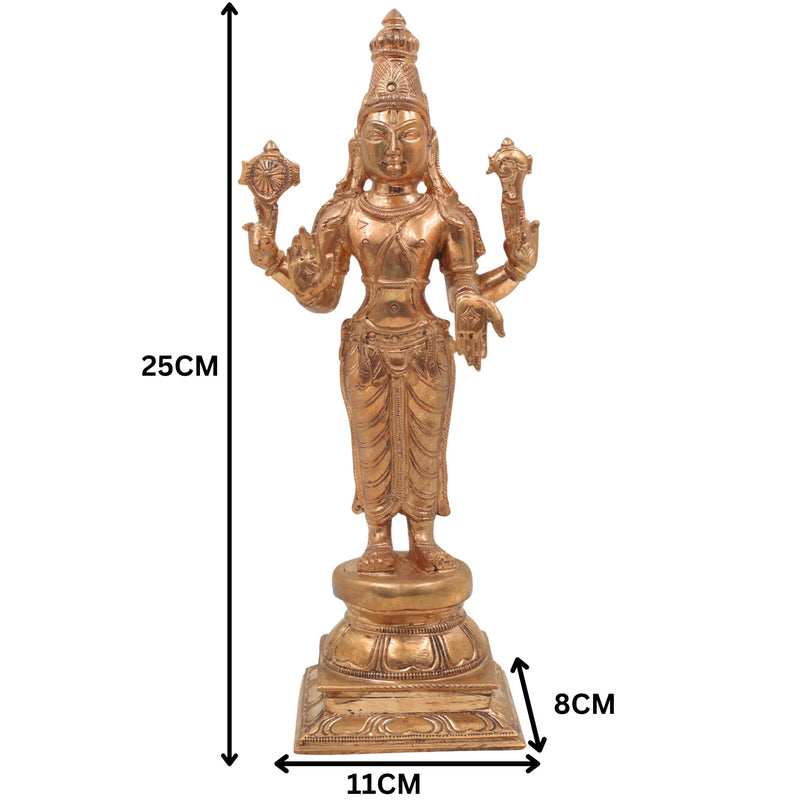 Handmade Bronze Vishnu Idol Panchaloha Statue | Narayana, Madhava, Govinda | Traditional South Indian Temple Art | 25cm Panchaloha Alloy Vishnu Murti,Gold, 10 Inch, 1 Piece