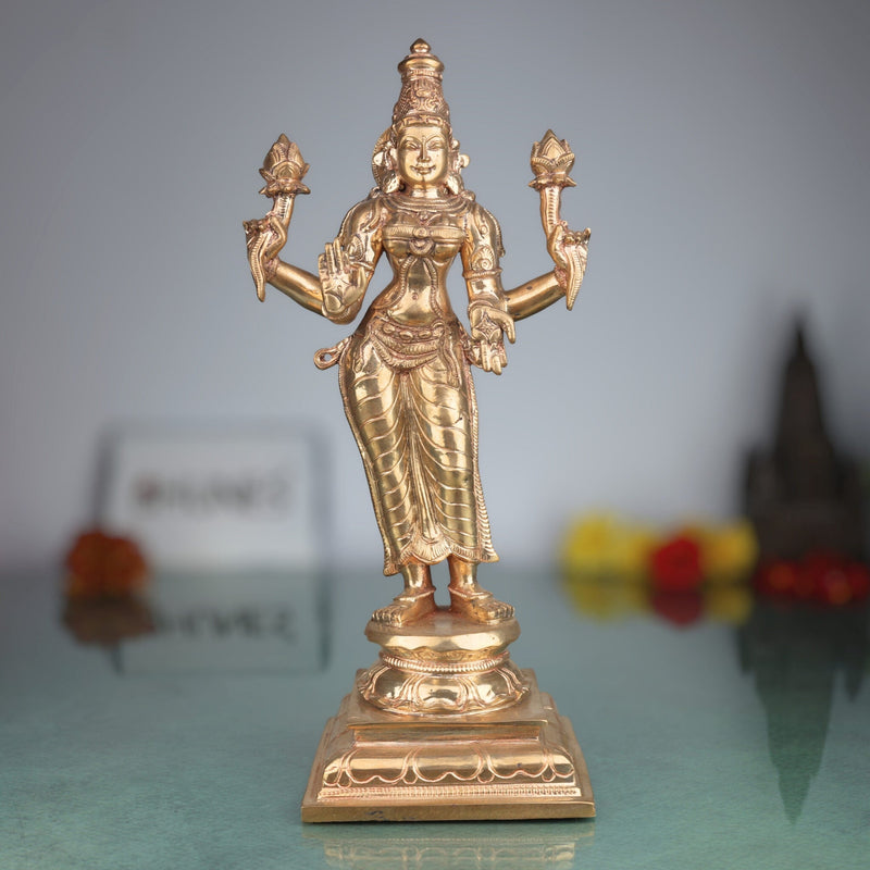 Handcrafted Panchaloha Mahalakshmi Idol in Bronze, Traditional Kamala Devi Lakshmi Murti for Home Temple, Vastu & Diwali Pooja,Gold, 12 Inch, 1 Piece