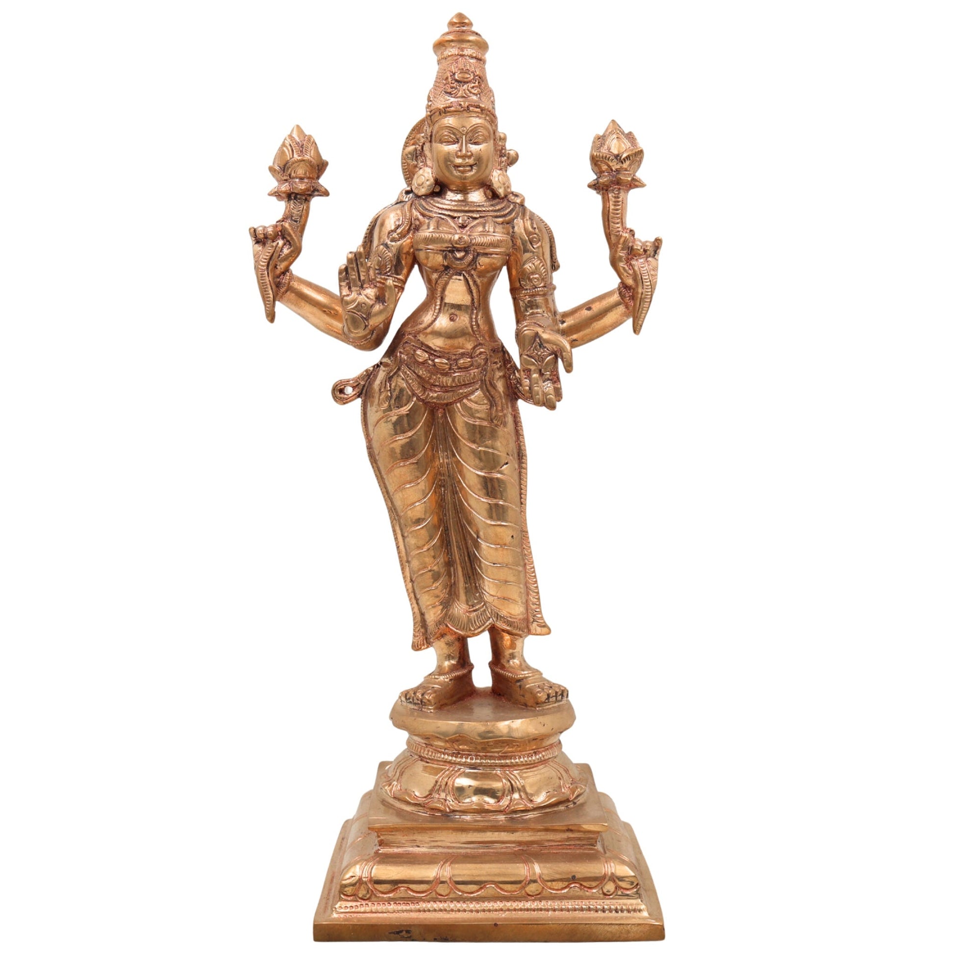 Handcrafted Panchaloha Mahalakshmi Idol in Bronze, Traditional Kamala Devi Lakshmi Murti for Home Temple, Vastu & Diwali Pooja,Gold, 12 Inch, 1 Piece