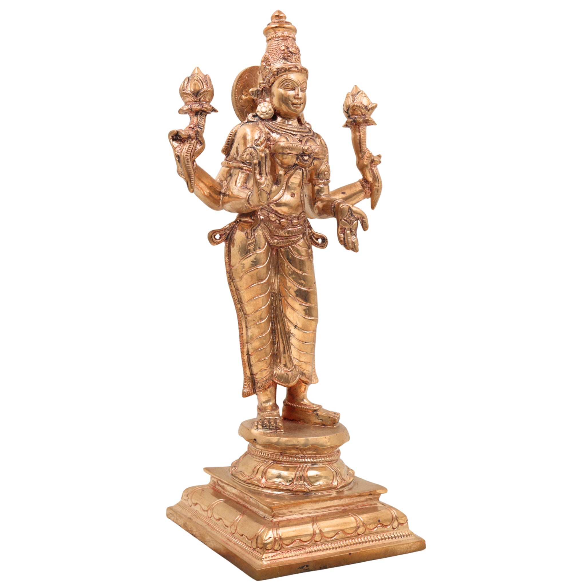 Handcrafted Panchaloha Mahalakshmi Idol in Bronze, Traditional Kamala Devi Lakshmi Murti for Home Temple, Vastu & Diwali Pooja,Gold, 12 Inch, 1 Piece