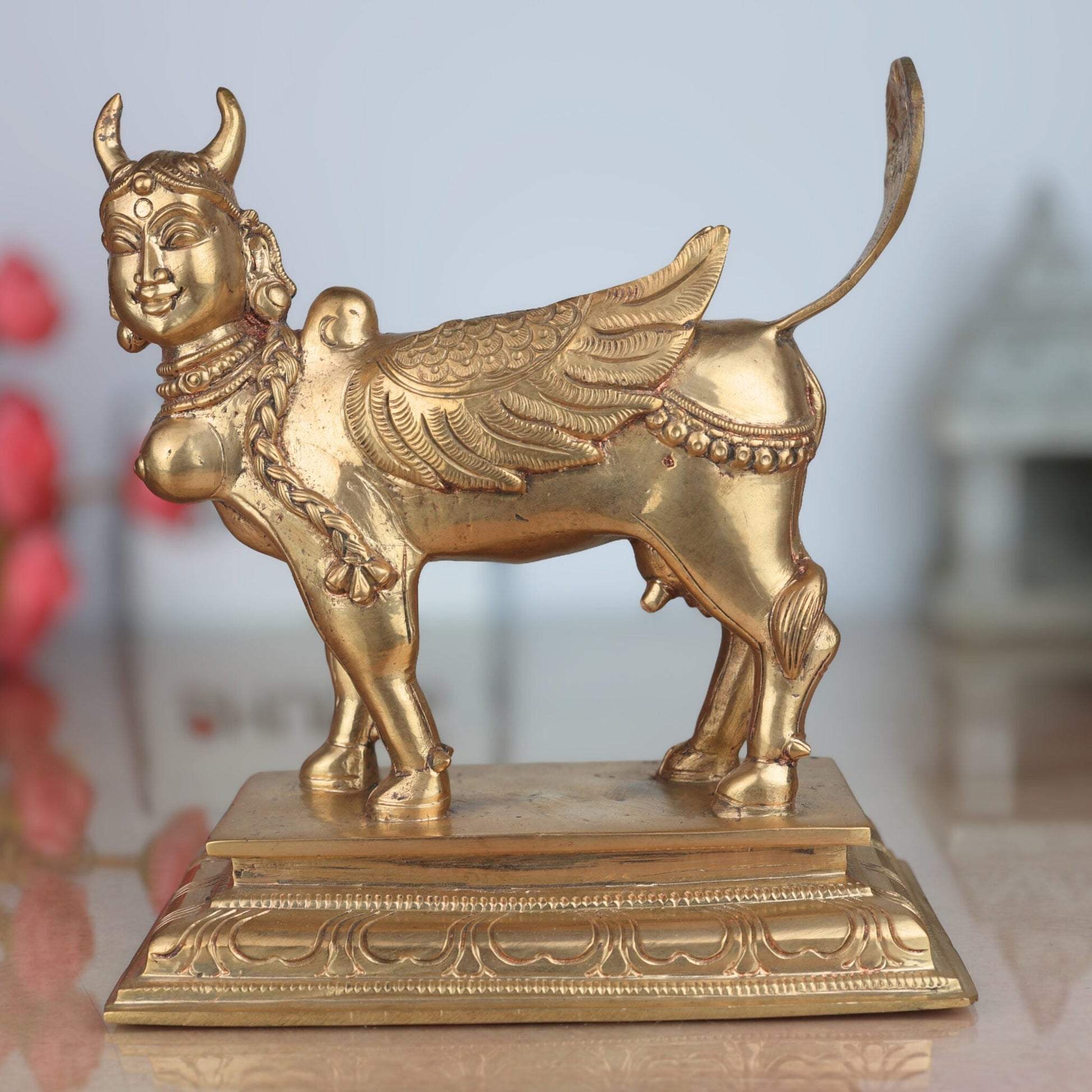 Handcrafted Bronze Kamadhenu Idol | Divine Panchaloha Kamadhenu Cow Sculpture | Traditional Indian BronzeKamadhenu Murti for Home & Temple Decor,Gold, 7 Inch, 1 Piece