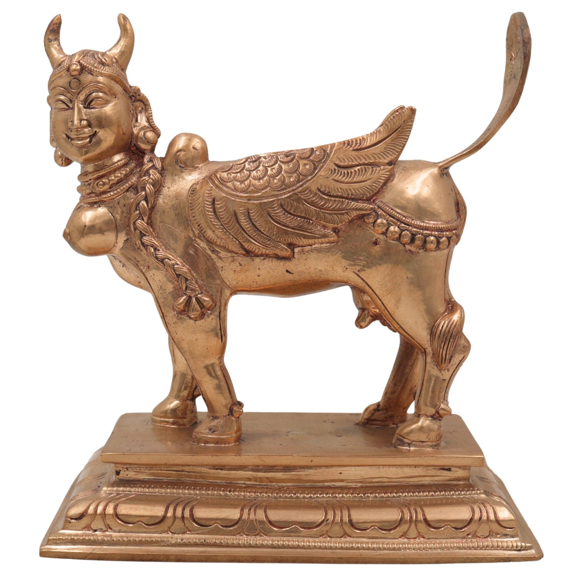 Handcrafted Bronze Kamadhenu Idol | Divine Panchaloha Kamadhenu Cow Sculpture | Traditional Indian BronzeKamadhenu Murti for Home & Temple Decor,Gold, 7 Inch, 1 Piece