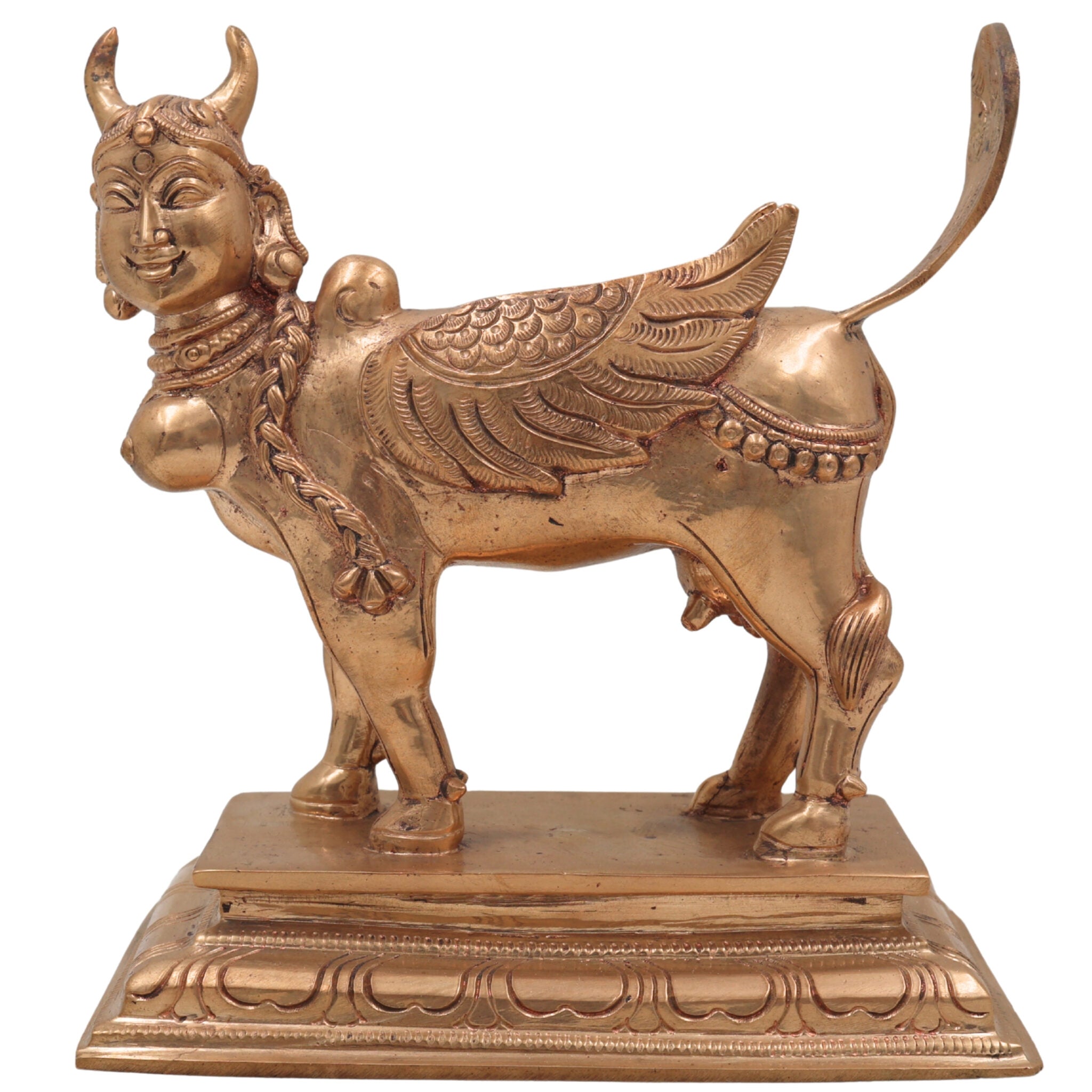 Handcrafted Bronze Kamadhenu Idol | Divine Panchaloha Kamadhenu Cow Sculpture | Traditional Indian BronzeKamadhenu Murti for Home & Temple Decor,Gold, 7 Inch, 1 Piece