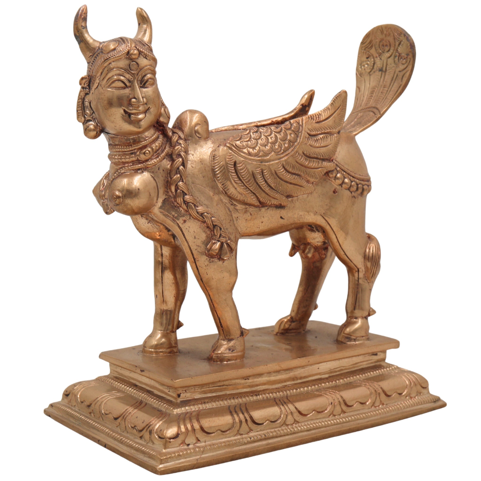 Handcrafted Bronze Kamadhenu Idol | Divine Panchaloha Kamadhenu Cow Sculpture | Traditional Indian BronzeKamadhenu Murti for Home & Temple Decor,Gold, 7 Inch, 1 Piece