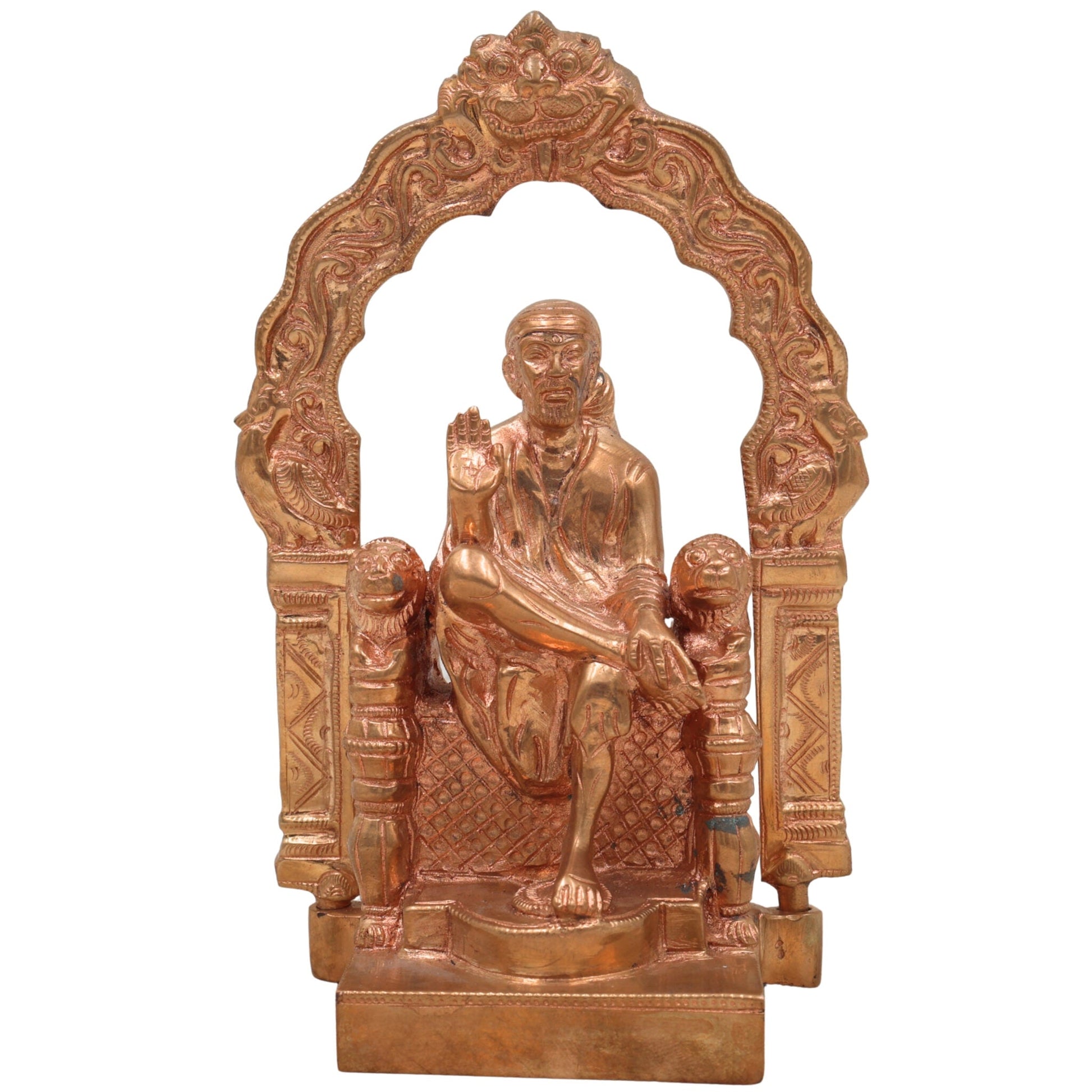 Handmade Bronze Sai Baba Idol with Prabhavali Peetam – Authentic Panchaloha Shirdi Sai Nath Statue for Home, Temple, Puja Decor & Spiritual Gift,Gold, 7 Inch, 1 Piece