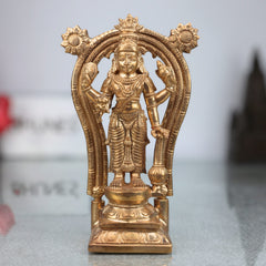 Handcrafted Bronze Vishnu Idol with Prabhavali – Authentic Panchaloha Alloy Vishnu Murti, Narayana Statue, Traditional South Indian Wax Casting Art,Gold, 7 Inch, 1 Piece