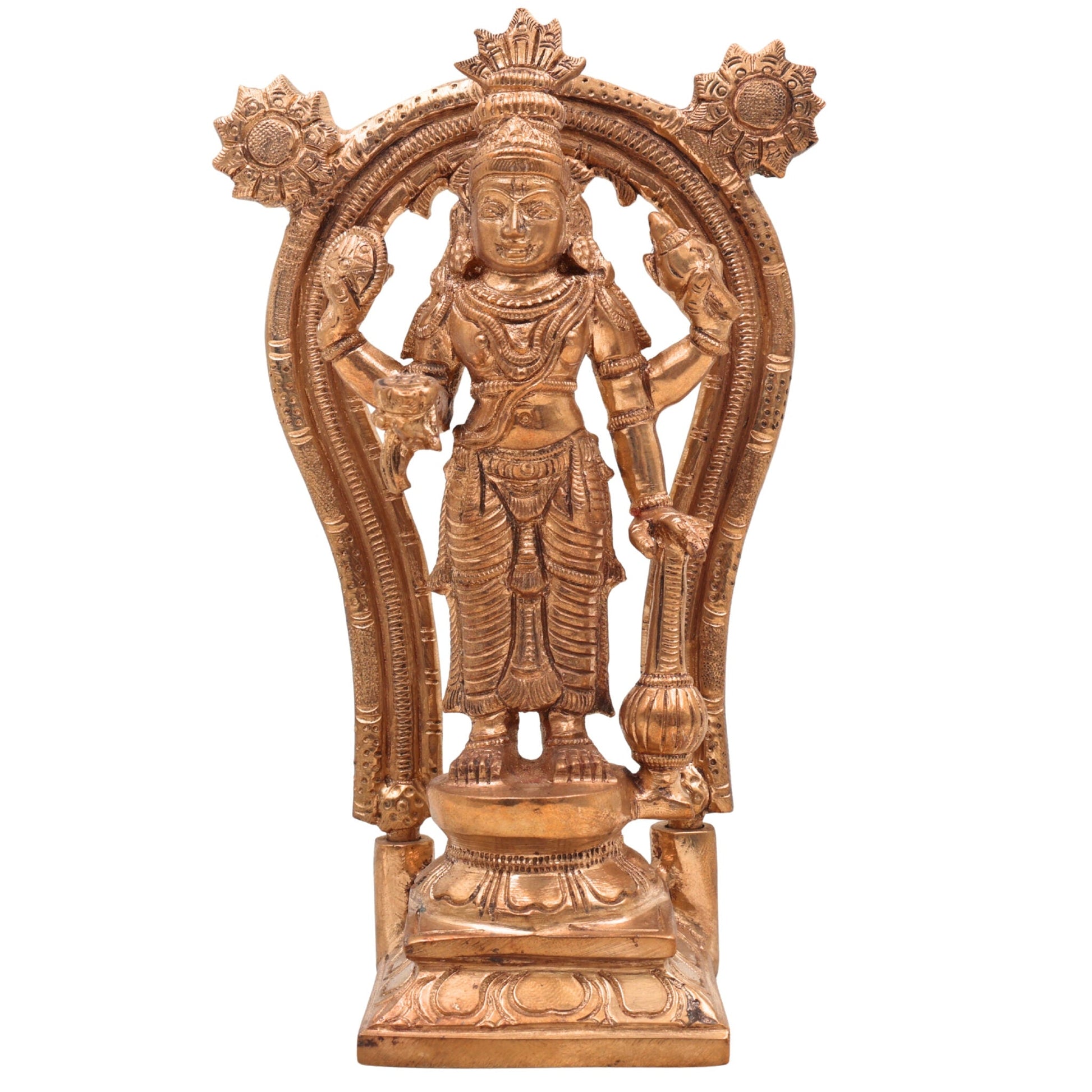 Handcrafted Bronze Vishnu Idol with Prabhavali – Authentic Panchaloha Alloy Vishnu Murti, Narayana Statue, Traditional South Indian Wax Casting Art,Gold, 7 Inch, 1 Piece
