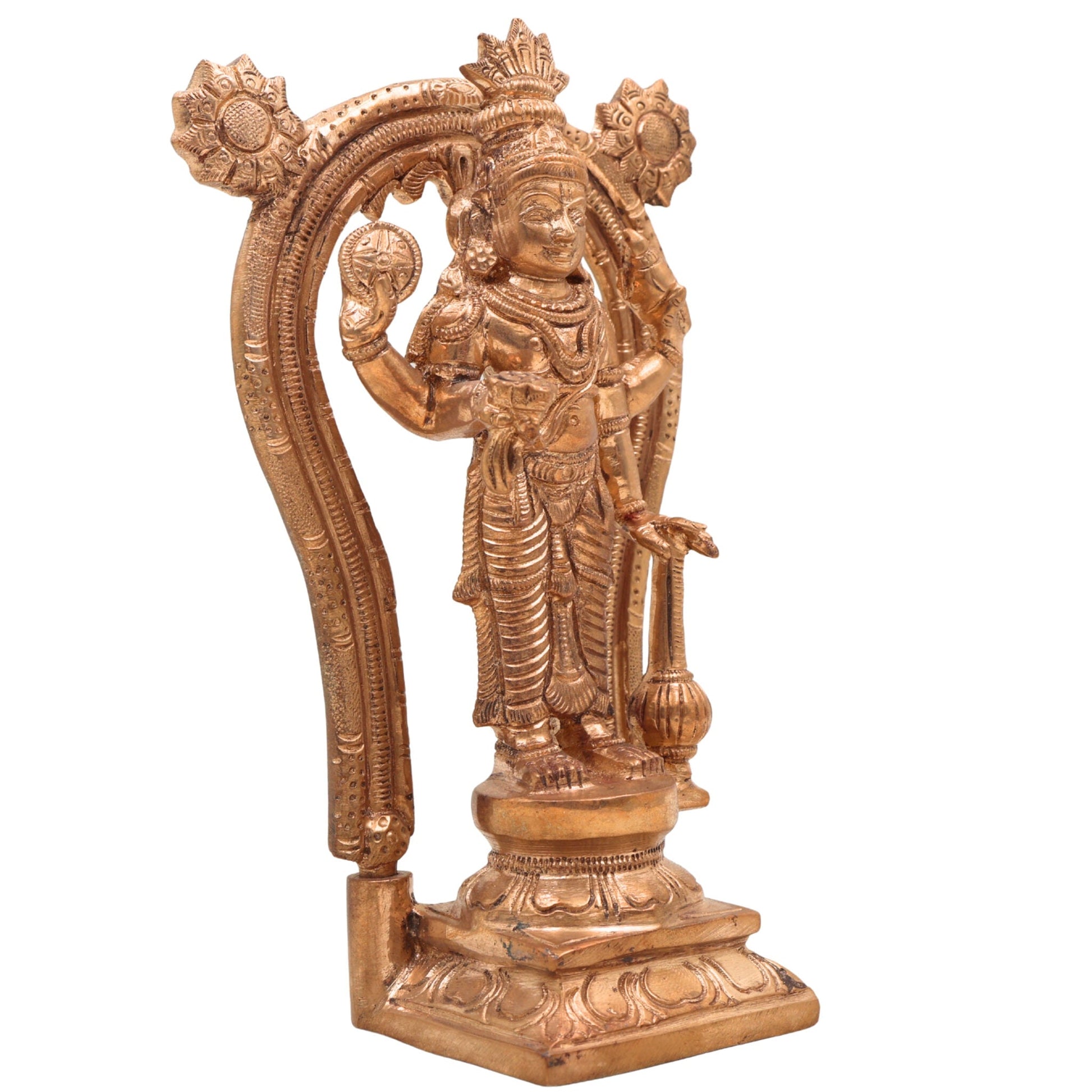 Handcrafted Bronze Vishnu Idol with Prabhavali – Authentic Panchaloha Alloy Vishnu Murti, Narayana Statue, Traditional South Indian Wax Casting Art,Gold, 7 Inch, 1 Piece