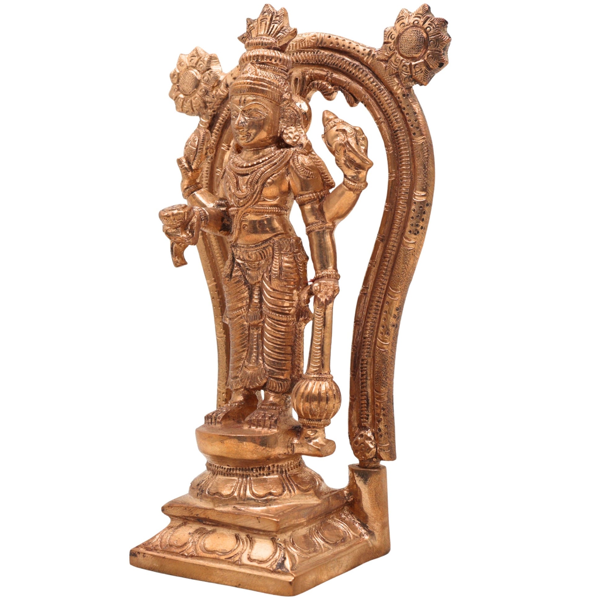 Handcrafted Bronze Vishnu Idol with Prabhavali – Authentic Panchaloha Alloy Vishnu Murti, Narayana Statue, Traditional South Indian Wax Casting Art,Gold, 7 Inch, 1 Piece
