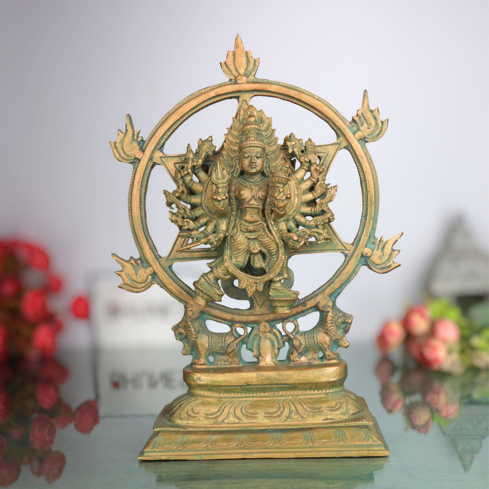 Handmade Bronze Panchaloha Chakrathalwar Idol | Sudarshana Chakra Murti | Authentic Sudarshanar Sudarshana Vishnu Statue for Temple & Home Decor,Brown, 13 Inch, 1 Piece
