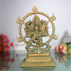 Handmade Bronze Panchaloha Chakrathalwar Idol | Sudarshana Chakra Murti | Authentic Sudarshanar Sudarshana Vishnu Statue for Temple & Home Decor,Brown, 13 Inch, 1 Piece
