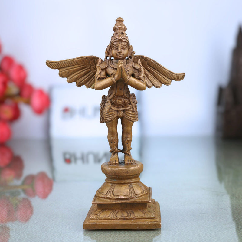 Bronze Garuda Dev Idol, Handcrafted Panchaloha Murti, Vishnu Vahana Sculpture, Temple Decorative Statue, Chola Art Garuda Murti, Brown, 5.5 Inch, 1 Piece