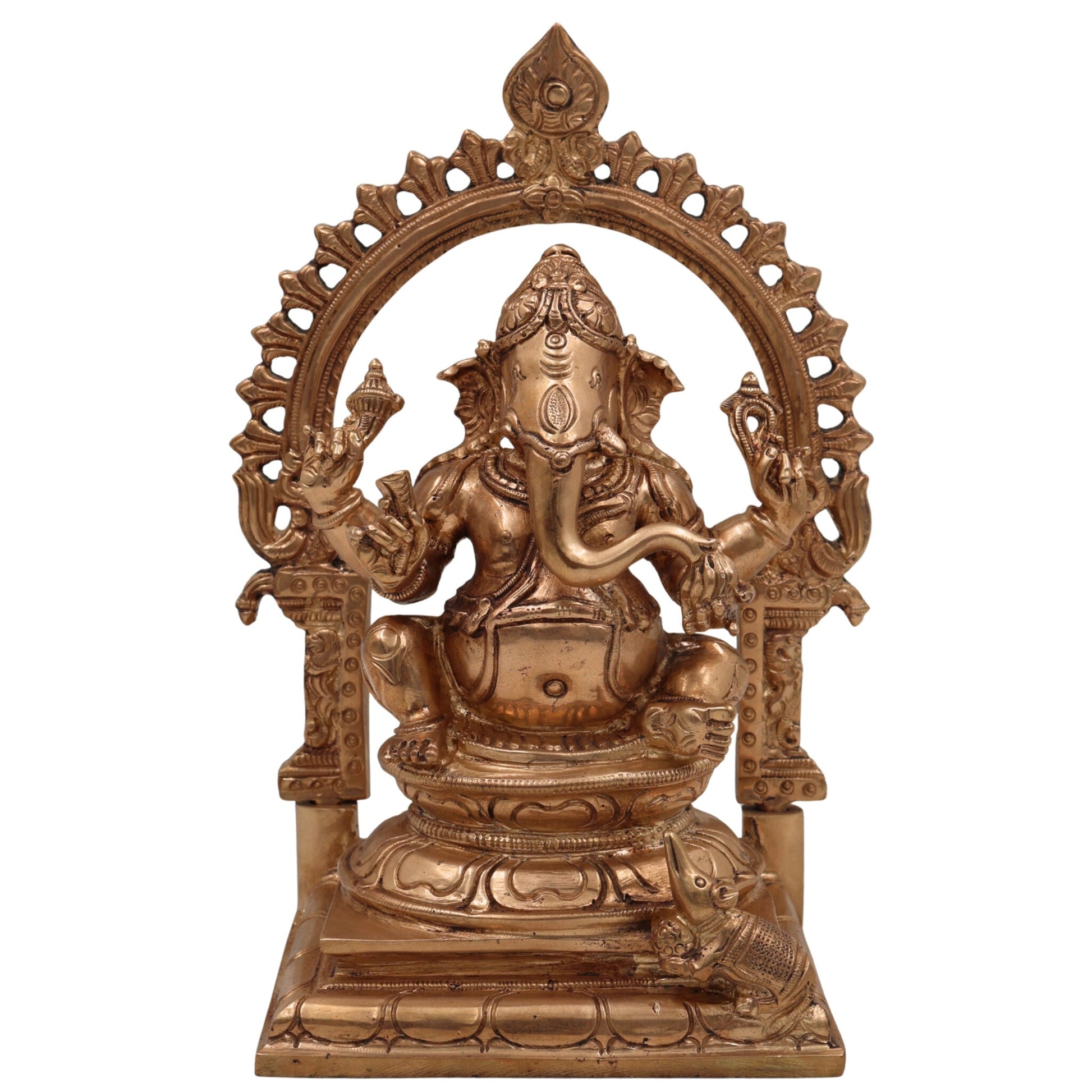 Handcrafted Bronze Ganesha Idol in Panchaloha, Vinayaka Ganapati Murti for Home Temple, Traditional Chola Art Pillaiyar Statue, Gold, 8.5 Inch, 1 Piece