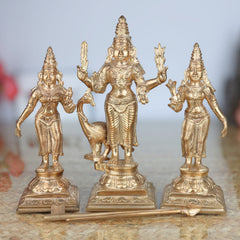 Handcrafted Panchaloha Murugan with Valli and Devasena Idol | Bronze Subramanya Skanda Kumara Swamy Shanmukha Statue | South Indian Chola Art Sculpture          Ask ChatGPT,Gold, 7.5 Inch, 1 Piece