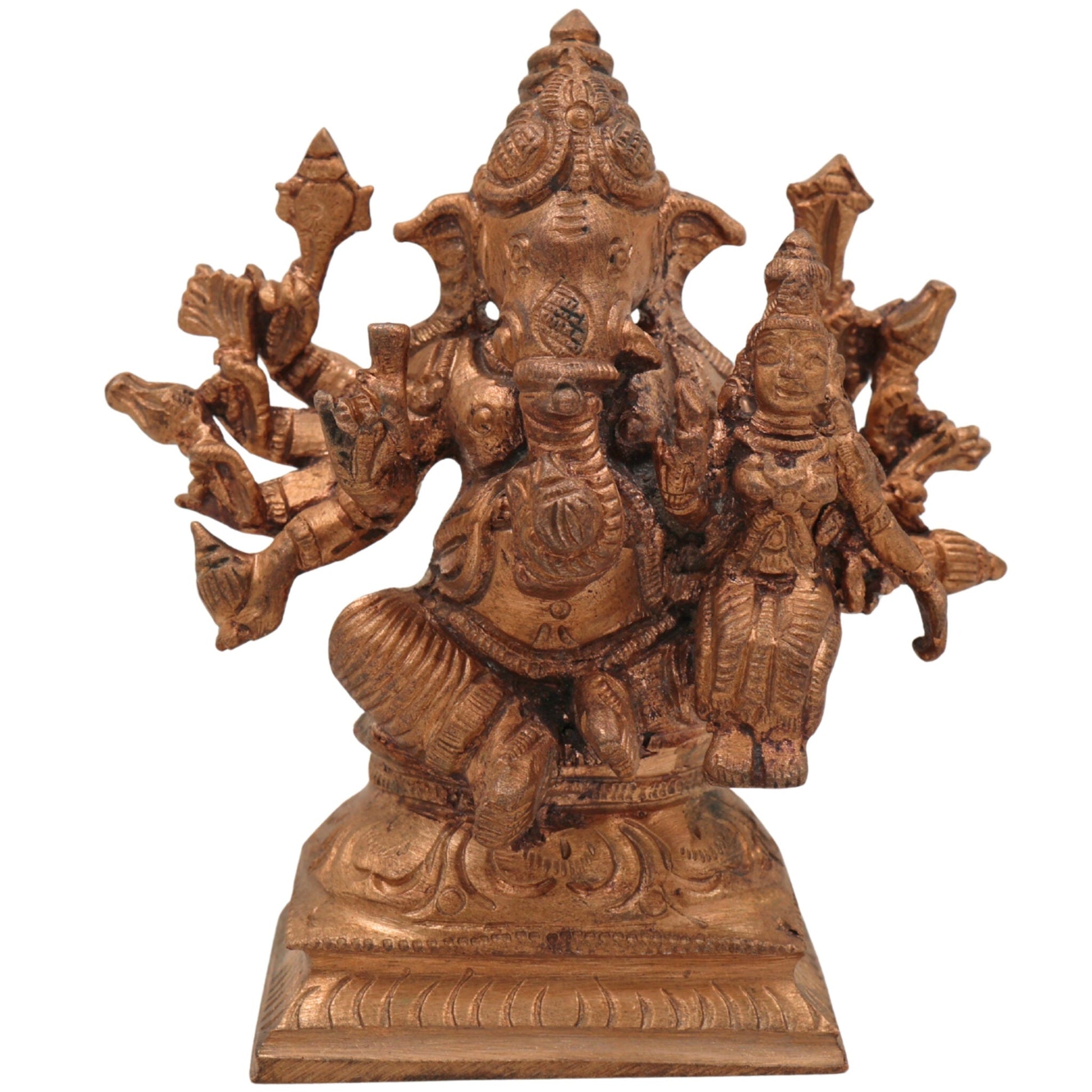 Handcrafted Siddhi Vinayak Idol in Panchaloha Bronze Ganesha Ganapati Murti, Sametha Ganapati, Ganesh Statue for Home & Temple,Gold, 3.5 Inch, 1 Piece