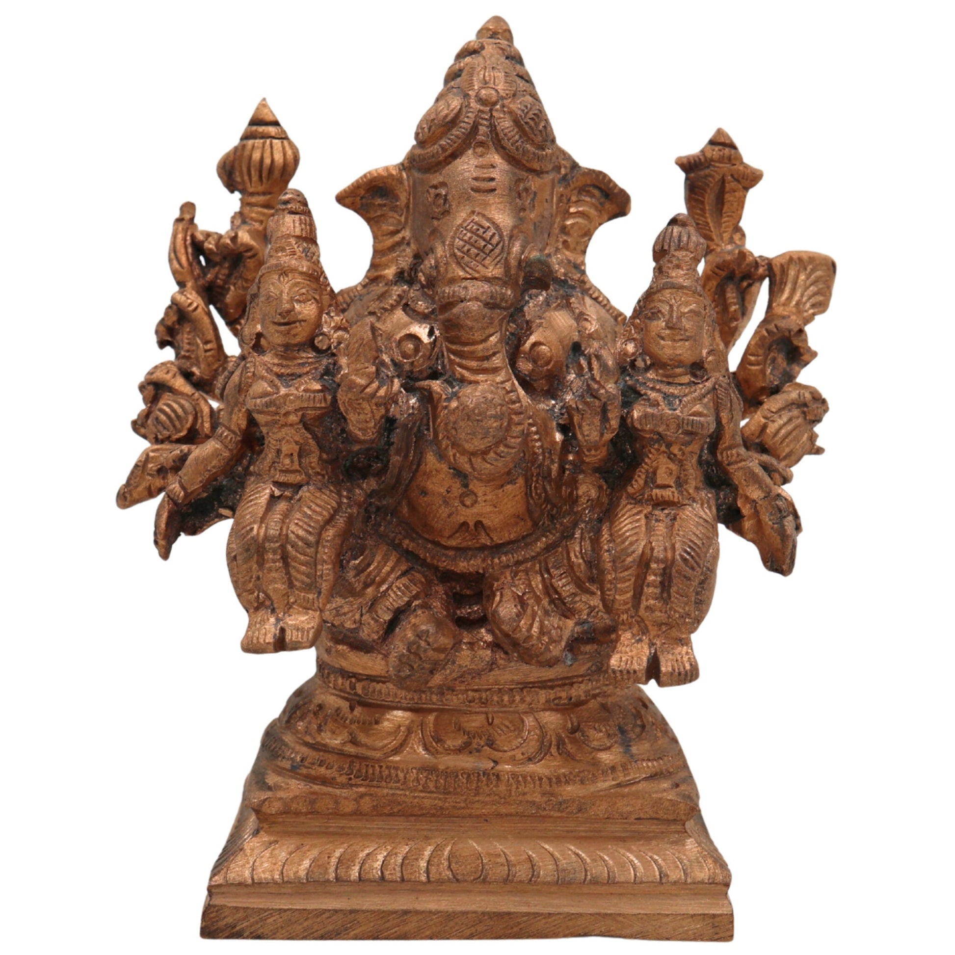 Handmade Riddhi Siddhi Ganapati Idol in Panchaloha Bronze, Ganesha with Consorts, Vinayaka, Ganapati, Vighneshvara, South Indian Chola Art Murti for Home & Temple,Gold, 3.5 Inch, 1 Piece