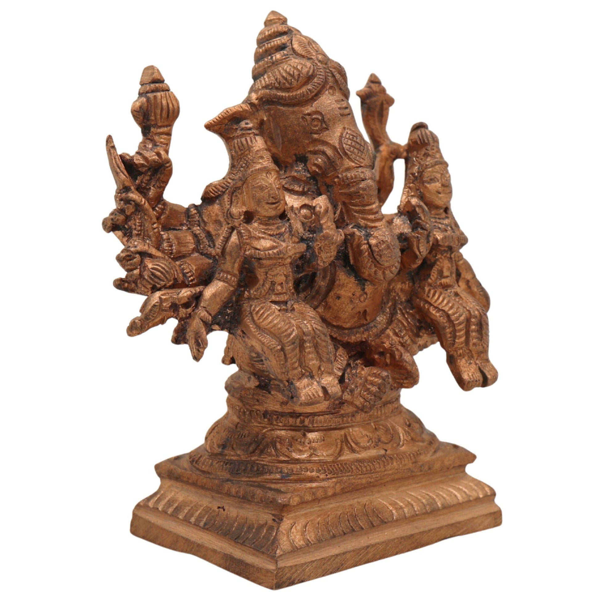 Handmade Riddhi Siddhi Ganapati Idol in Panchaloha Bronze, Ganesha with Consorts, Vinayaka, Ganapati, Vighneshvara, South Indian Chola Art Murti for Home & Temple,Gold, 3.5 Inch, 1 Piece