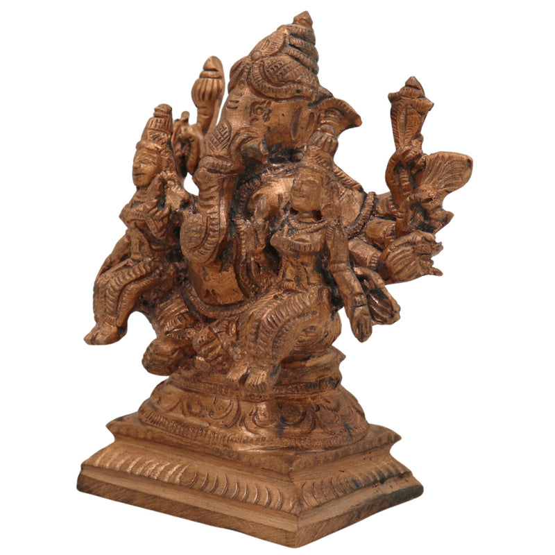 Handmade Riddhi Siddhi Ganapati Idol in Panchaloha Bronze, Ganesha with Consorts, Vinayaka, Ganapati, Vighneshvara, South Indian Chola Art Murti for Home & Temple,Gold, 3.5 Inch, 1 Piece