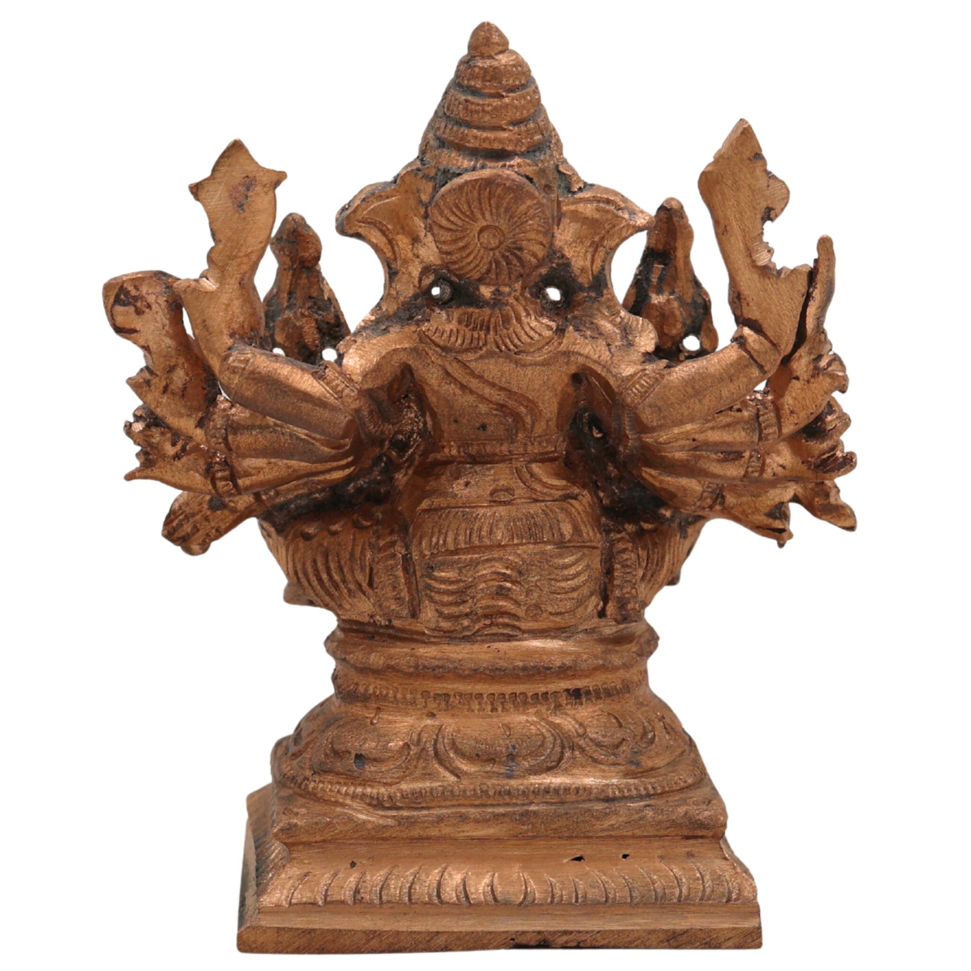 Handmade Riddhi Siddhi Ganapati Idol in Panchaloha Bronze, Ganesha with Consorts, Vinayaka, Ganapati, Vighneshvara, South Indian Chola Art Murti for Home & Temple,Gold, 3.5 Inch, 1 Piece