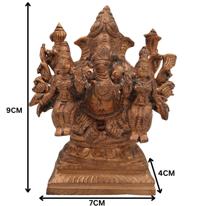 Handmade Riddhi Siddhi Ganapati Idol in Panchaloha Bronze, Ganesha with Consorts, Vinayaka, Ganapati, Vighneshvara, South Indian Chola Art Murti for Home & Temple,Gold, 3.5 Inch, 1 Piece