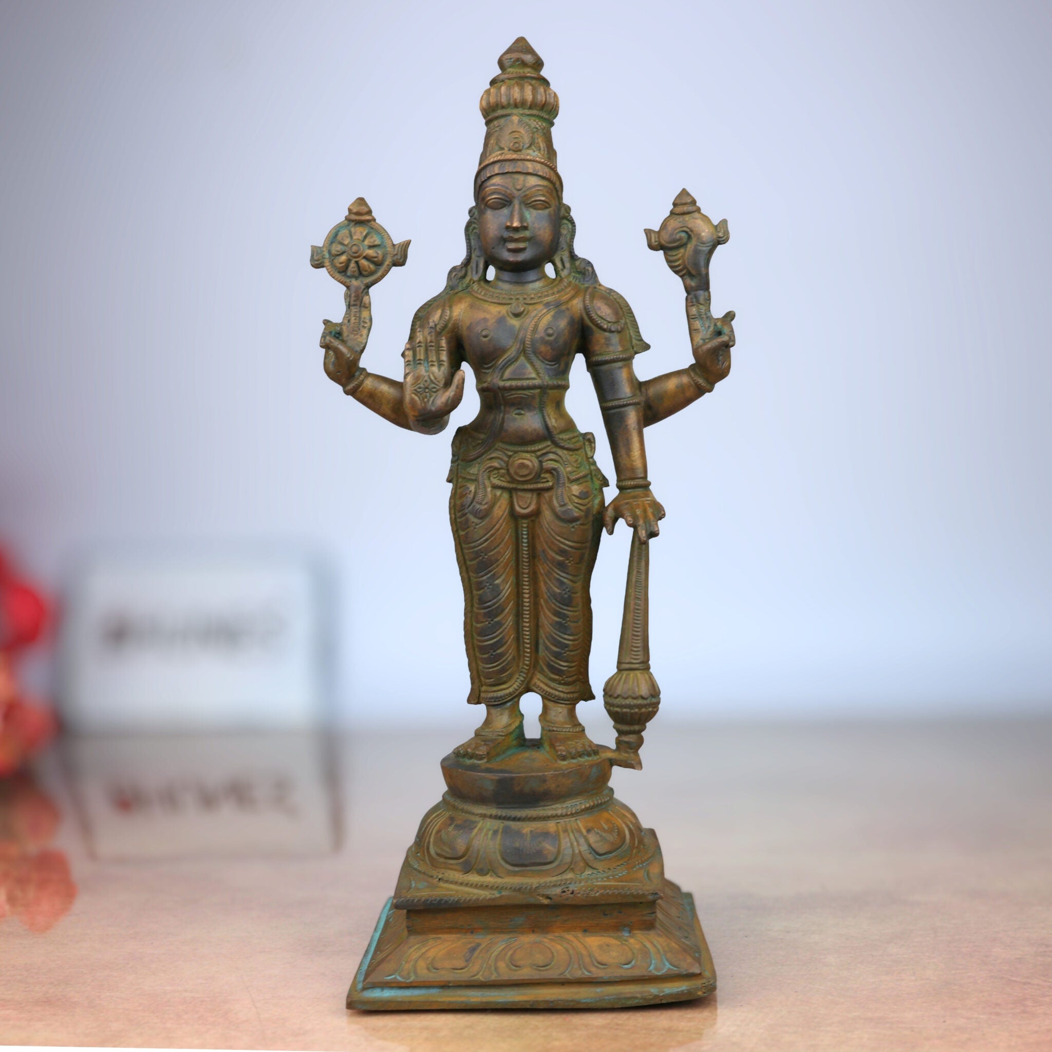 Handmade Panchaloha Bronze Vishnu Idol | Narayana, Madhava, Govinda Statue for Pooja & Home Temple Decor,Brown, 12 Inch, 1 Piece