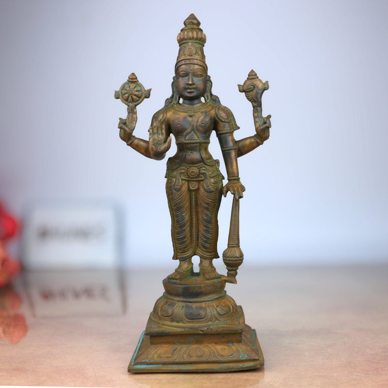 Handmade Panchaloha Bronze Vishnu Idol | Narayana, Madhava, Govinda Statue for Pooja & Home Temple Decor,Brown, 12 Inch, 1 Piece