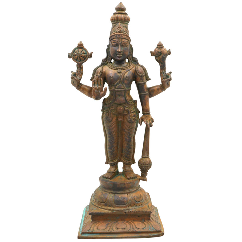 Handmade Panchaloha Bronze Vishnu Idol | Narayana, Madhava, Govinda Statue for Pooja & Home Temple Decor,Brown, 12 Inch, 1 Piece