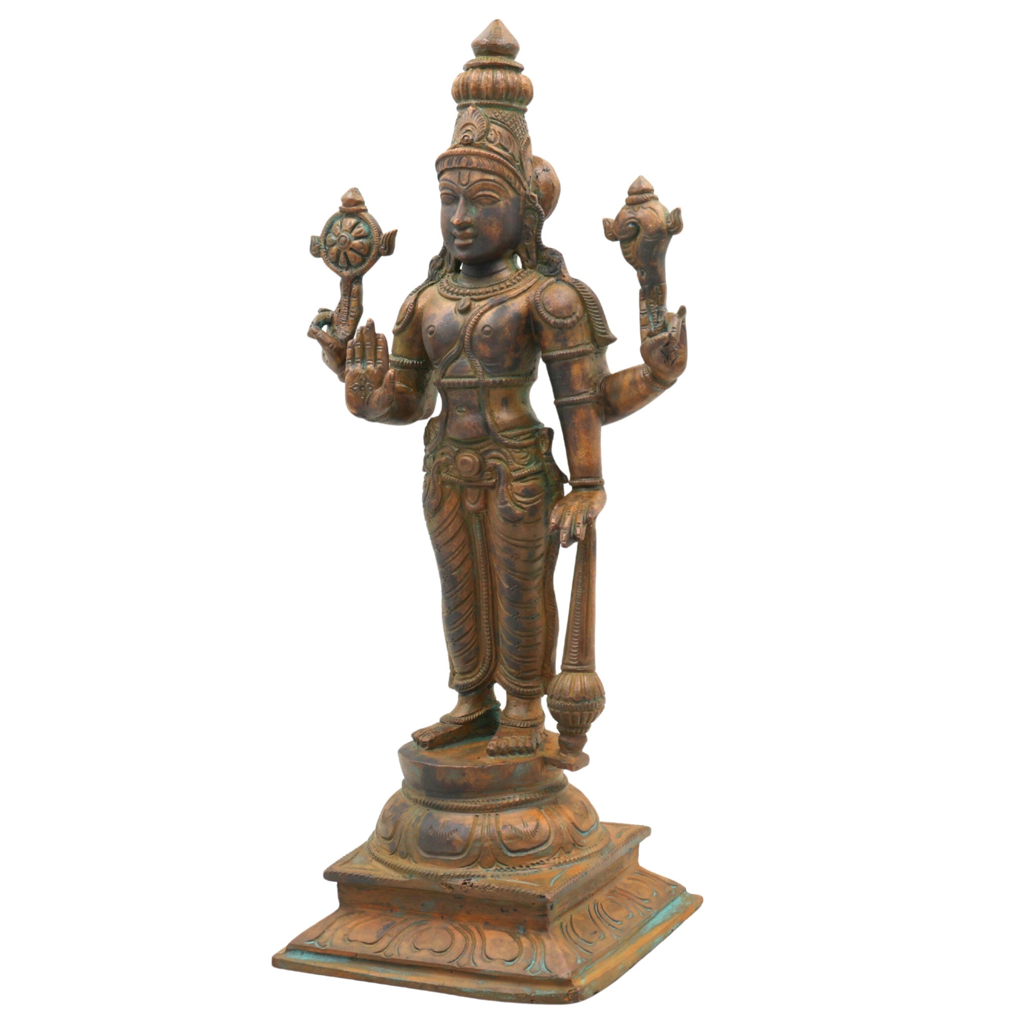 Handmade Panchaloha Bronze Vishnu Idol | Narayana, Madhava, Govinda Statue for Pooja & Home Temple Decor,Brown, 12 Inch, 1 Piece
