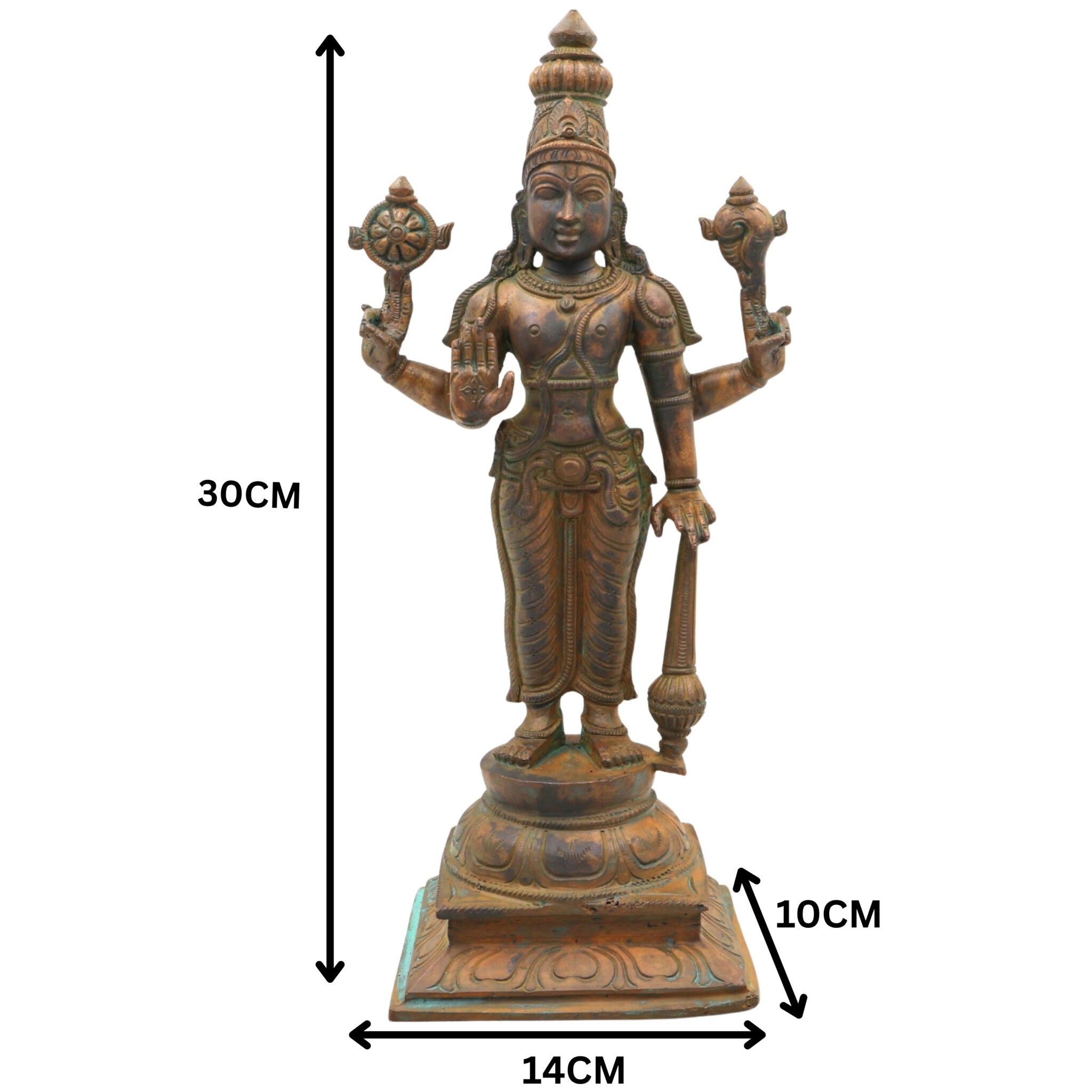 Handmade Panchaloha Bronze Vishnu Idol | Narayana, Madhava, Govinda Statue for Pooja & Home Temple Decor,Brown, 12 Inch, 1 Piece