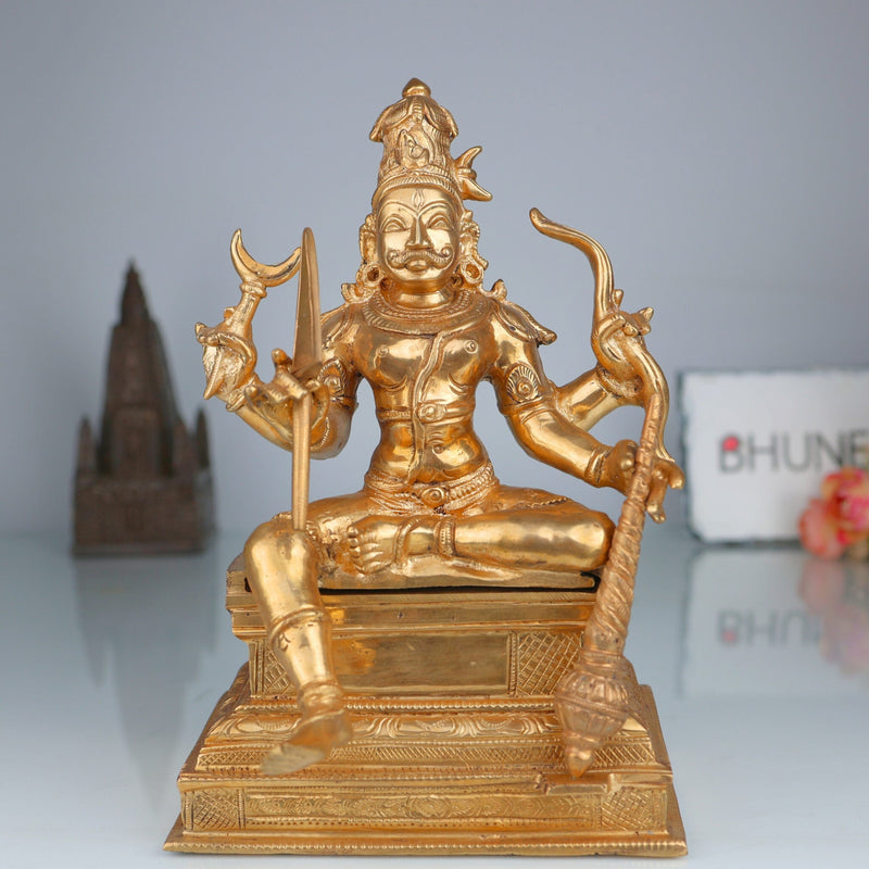 Handcrafted Veerabhadreshwara Bronze Idol | Traditional Panchaloha Veerabhadra Murti | South Indian Chola Art Warrior Deity Statue,Gold, 10 Inch, 1 Piece