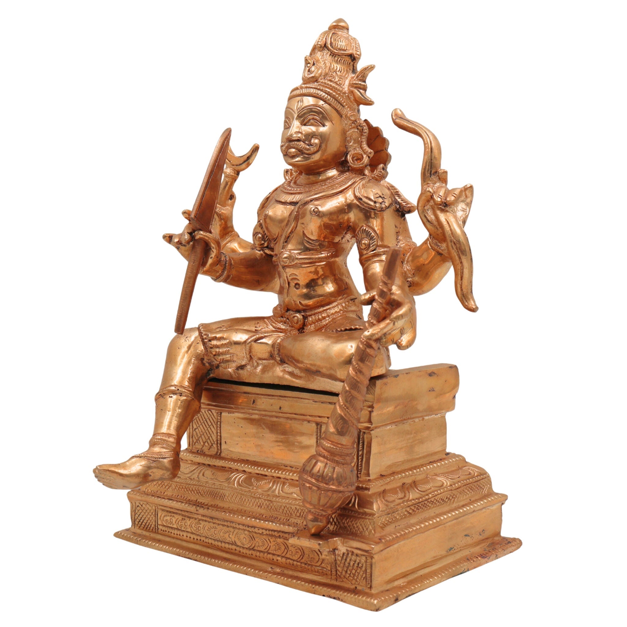 Handcrafted Veerabhadreshwara Bronze Idol | Traditional Panchaloha Veerabhadra Murti | South Indian Chola Art Warrior Deity Statue,Gold, 10 Inch, 1 Piece