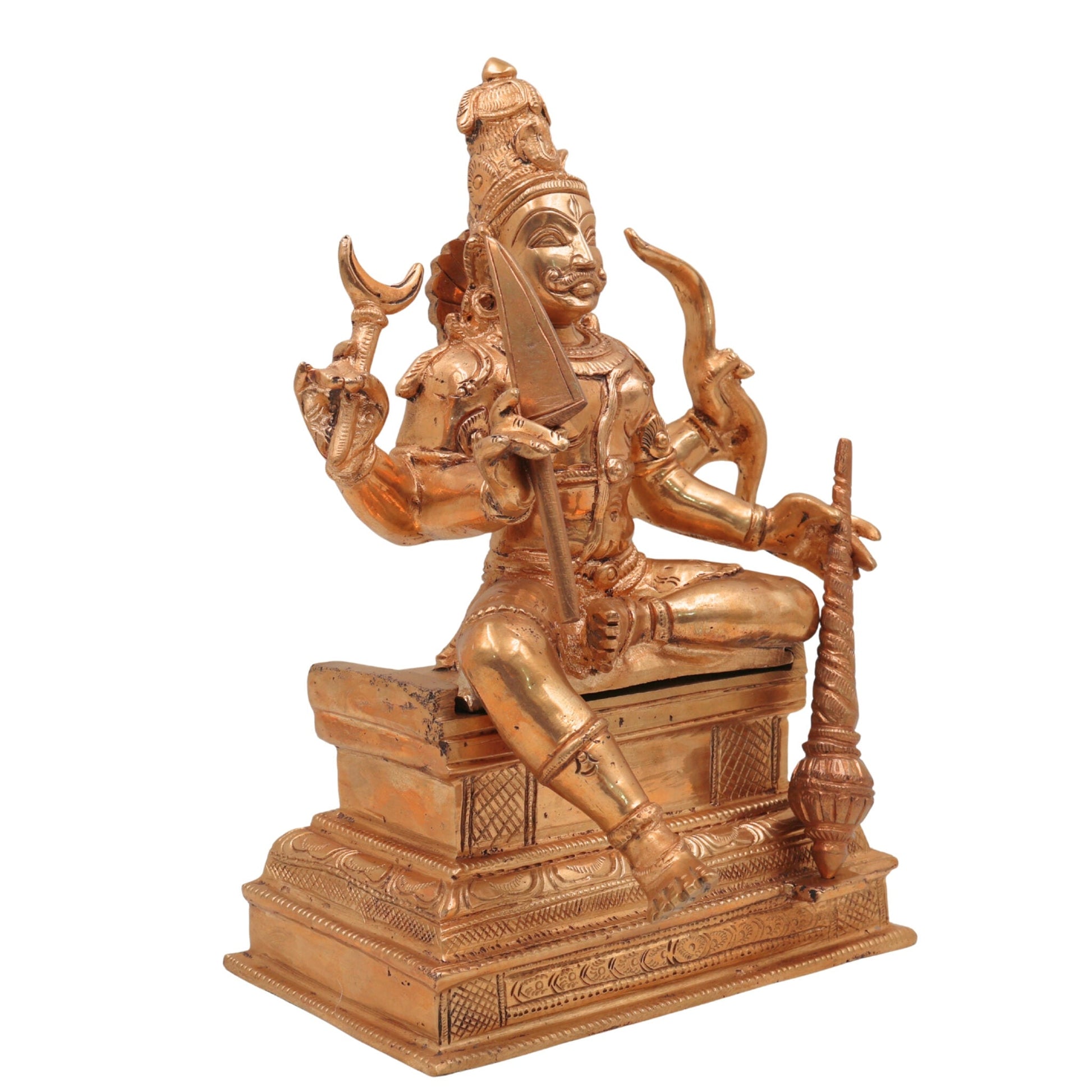 Handcrafted Veerabhadreshwara Bronze Idol | Traditional Panchaloha Veerabhadra Murti | South Indian Chola Art Warrior Deity Statue,Gold, 10 Inch, 1 Piece